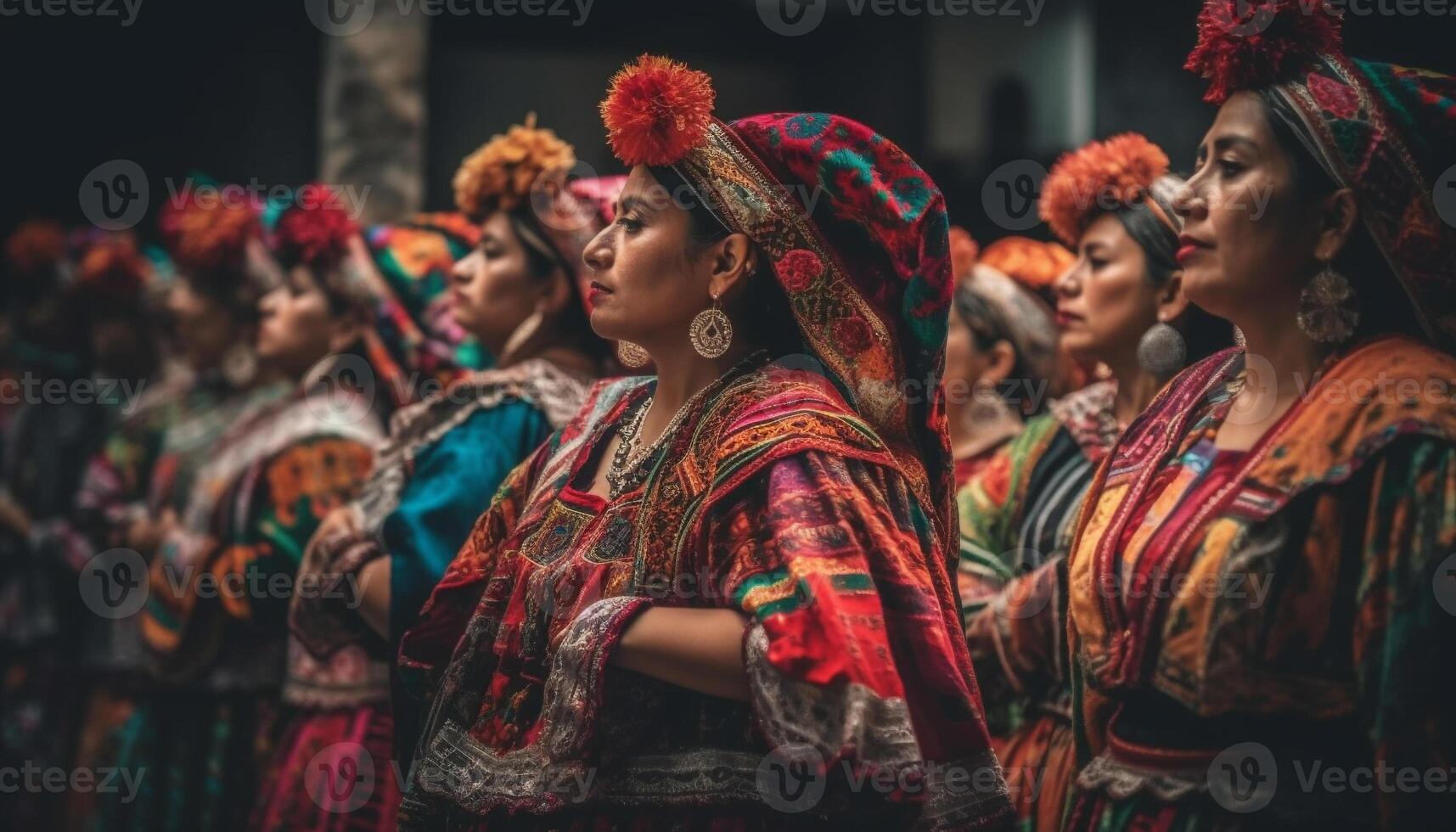 Colorful traditional festival celebrates indigenous cultures with dancing and costumes generated by AI photo