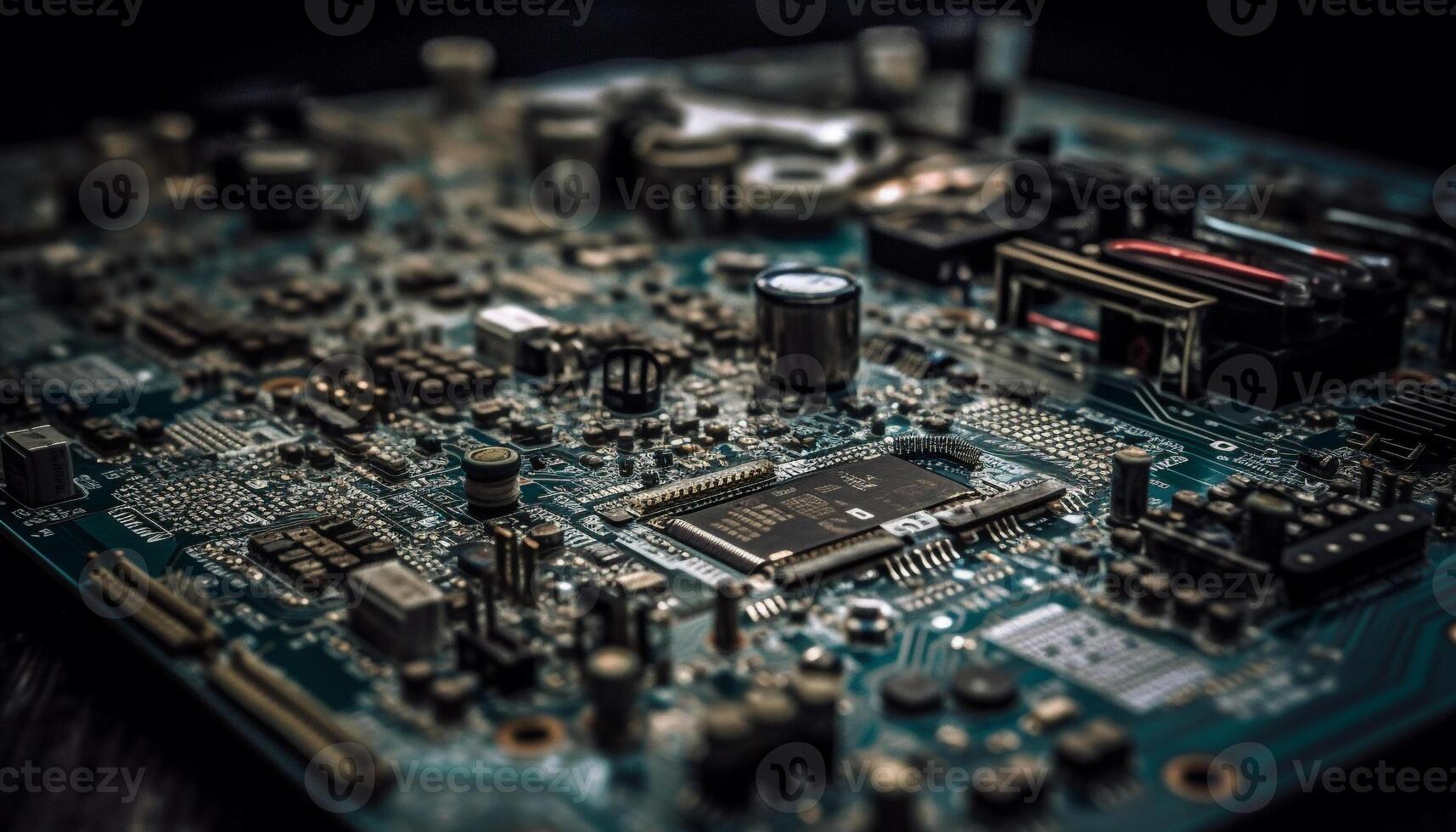 Complex circuit board with blue abstract pattern, powering computer technology generated by AI photo