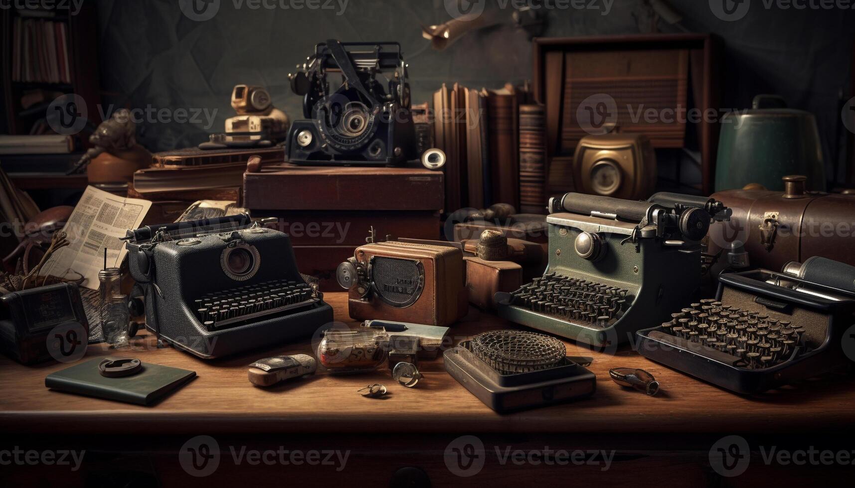 antiguo máquina de escribir en rústico escritorio evoca nostalgia para antiguo pasado de moda periodismo generado por ai foto