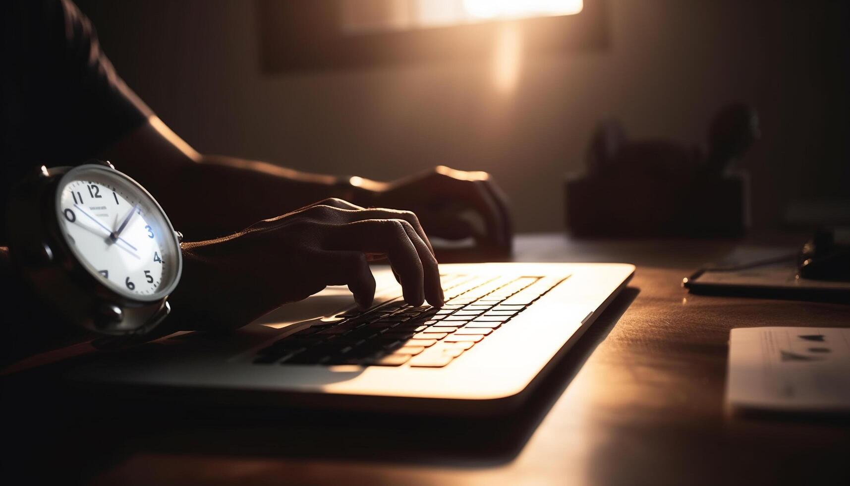 Busy businessman typing on laptop at desk in dark office generated by AI photo