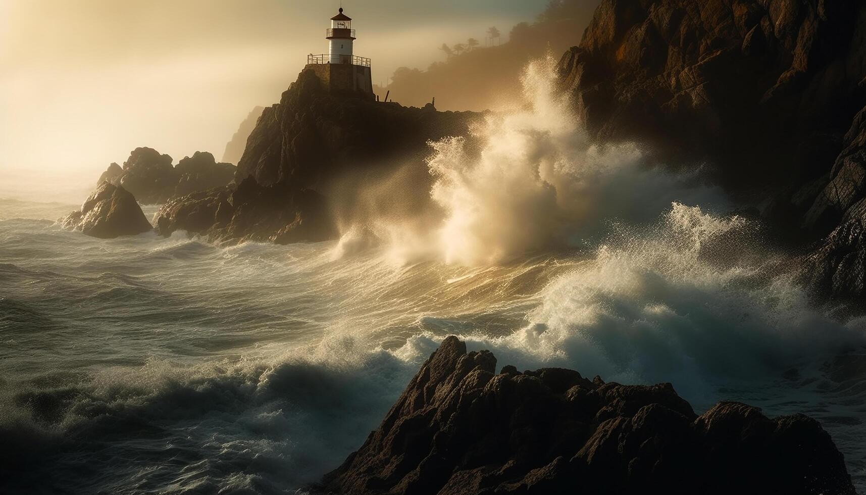 The beacon light breaks through the fog, a stunning seascape generated by AI photo