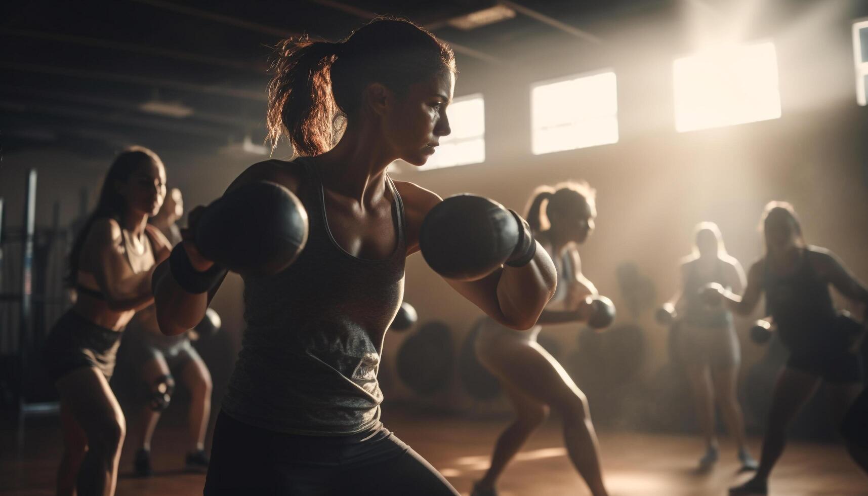 A group of determined athletes practicing kickboxing in a gym generated by AI photo