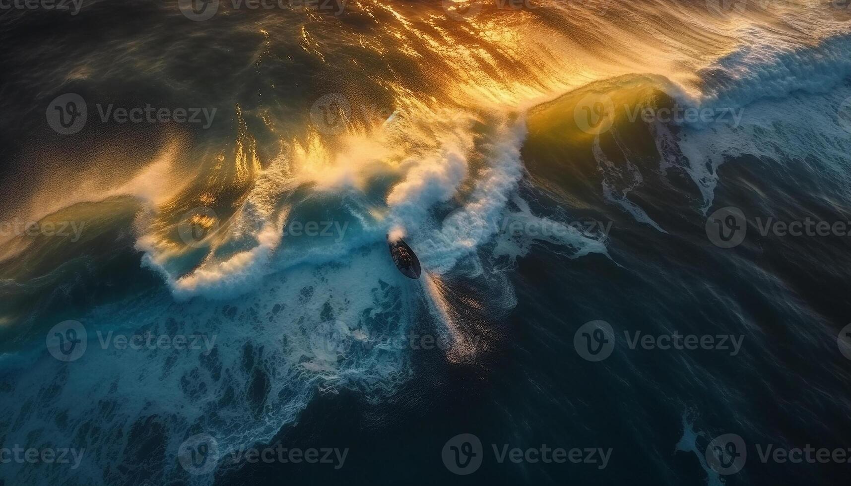 Surfing men fly over majestic breaking waves at Bali coastline generated by AI photo