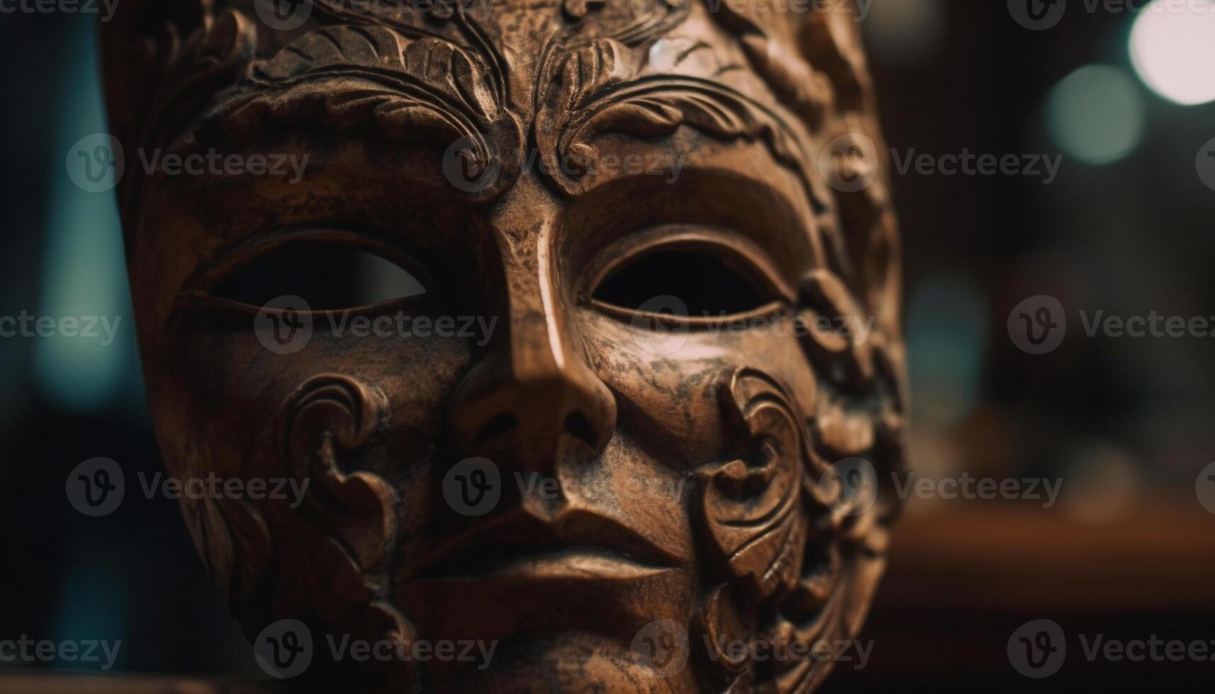 African souvenir ancient mask sculpture, ornate patterned decoration, indigenous tradition generated by AI photo