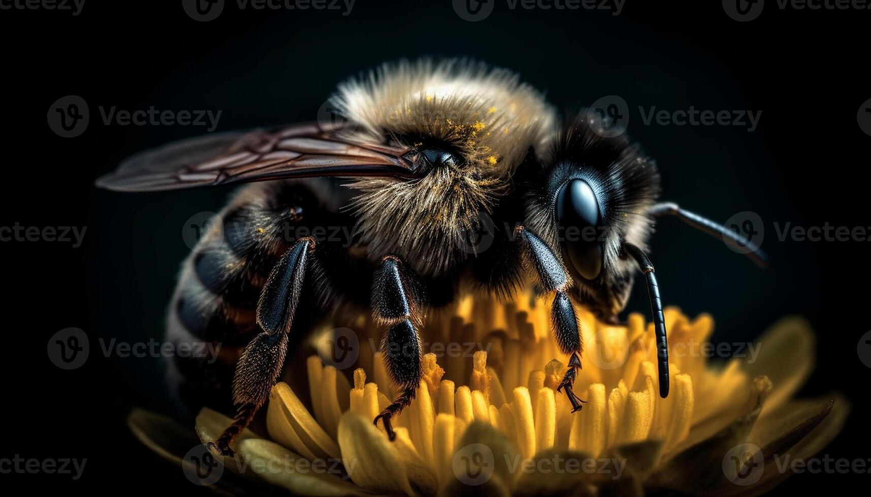 A busy honey bee pollinates a single yellow flower generated by AI photo