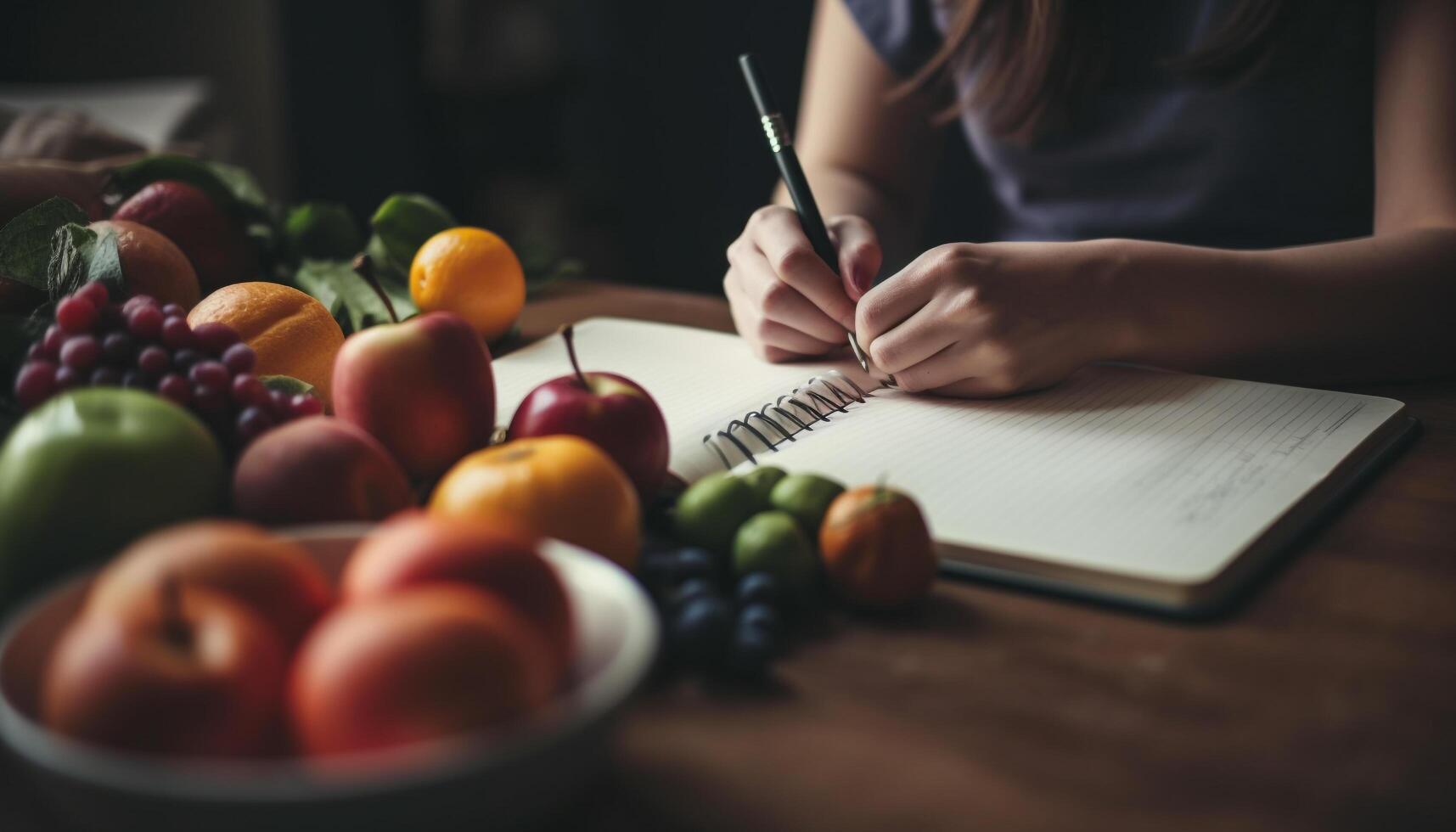 A young woman studying ideas for her healthy eating diary generated by AI photo