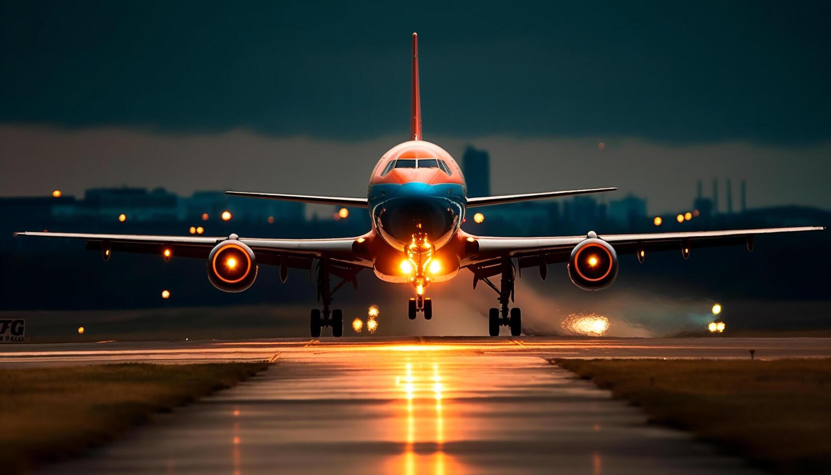 comercial avión tomando apagado a oscuridad, esclarecedor el noche cielo generado por ai foto