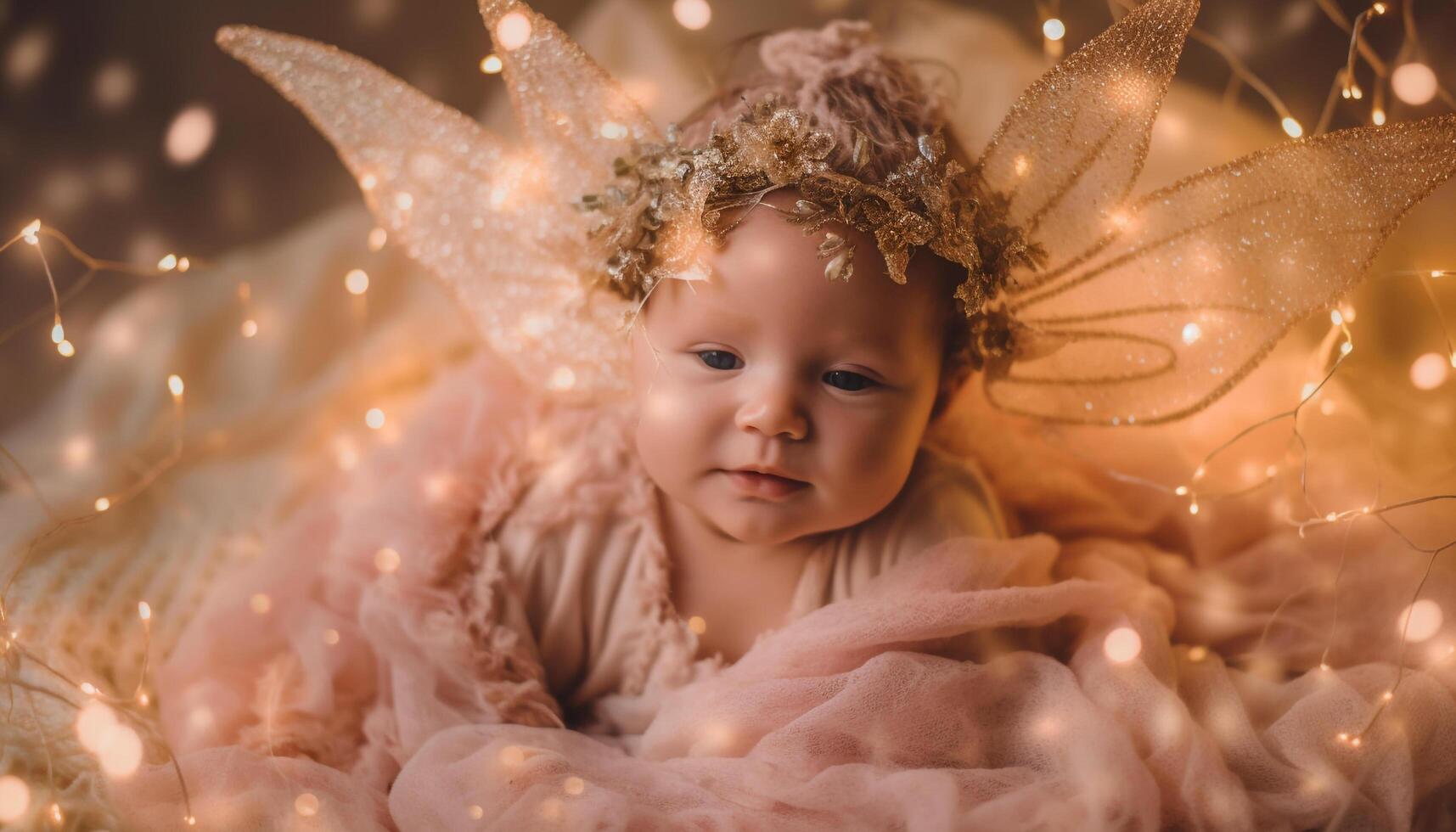 A playful baby girl, illuminated by love, wearing a crown generated by AI photo