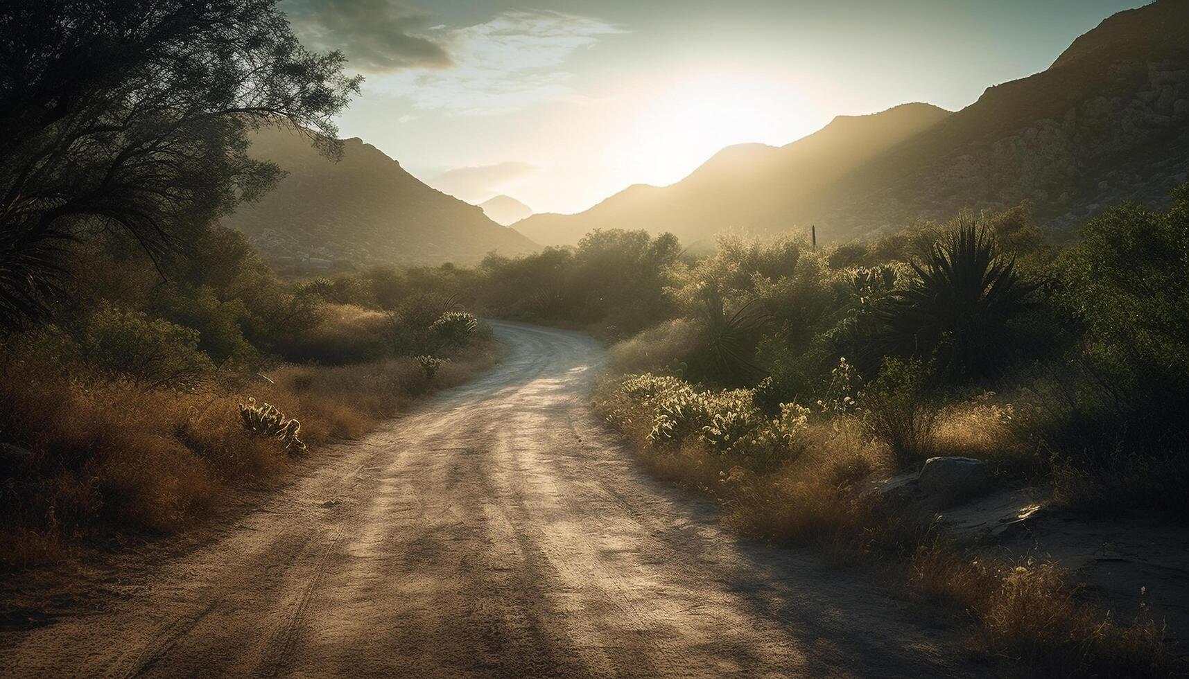 The way forward leads to a tranquil mountain meadow generated by AI photo