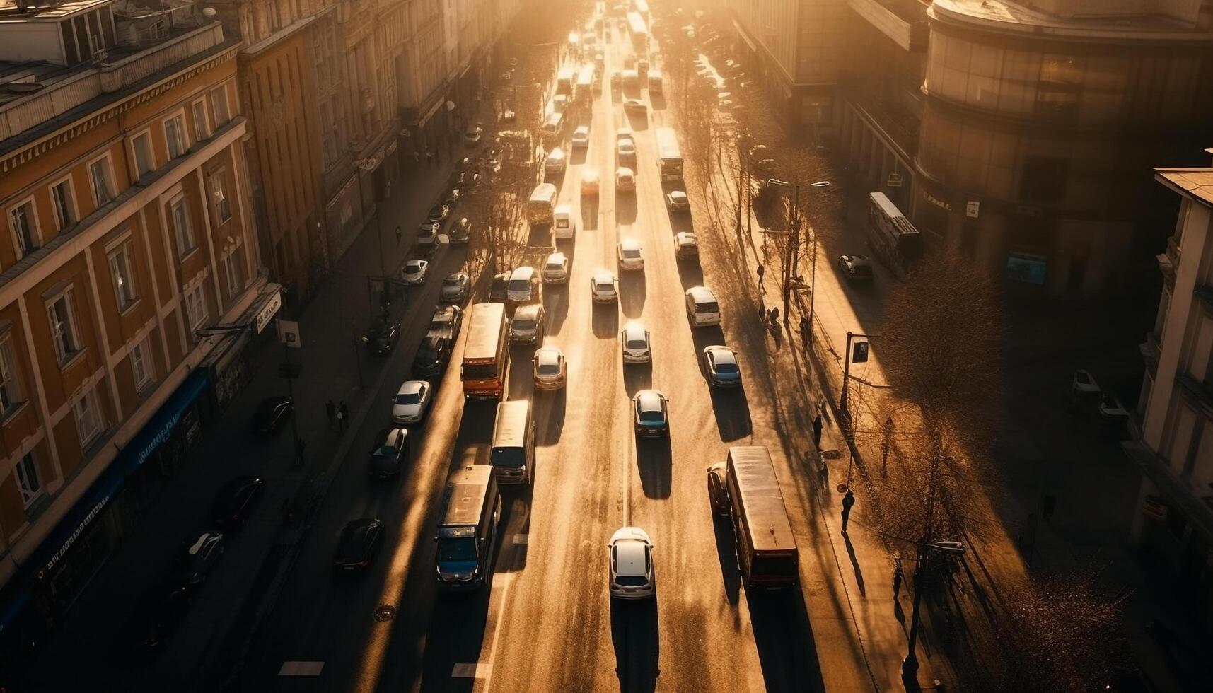 Blurred motion, illuminated city life rush hour traffic jam generated by AI photo