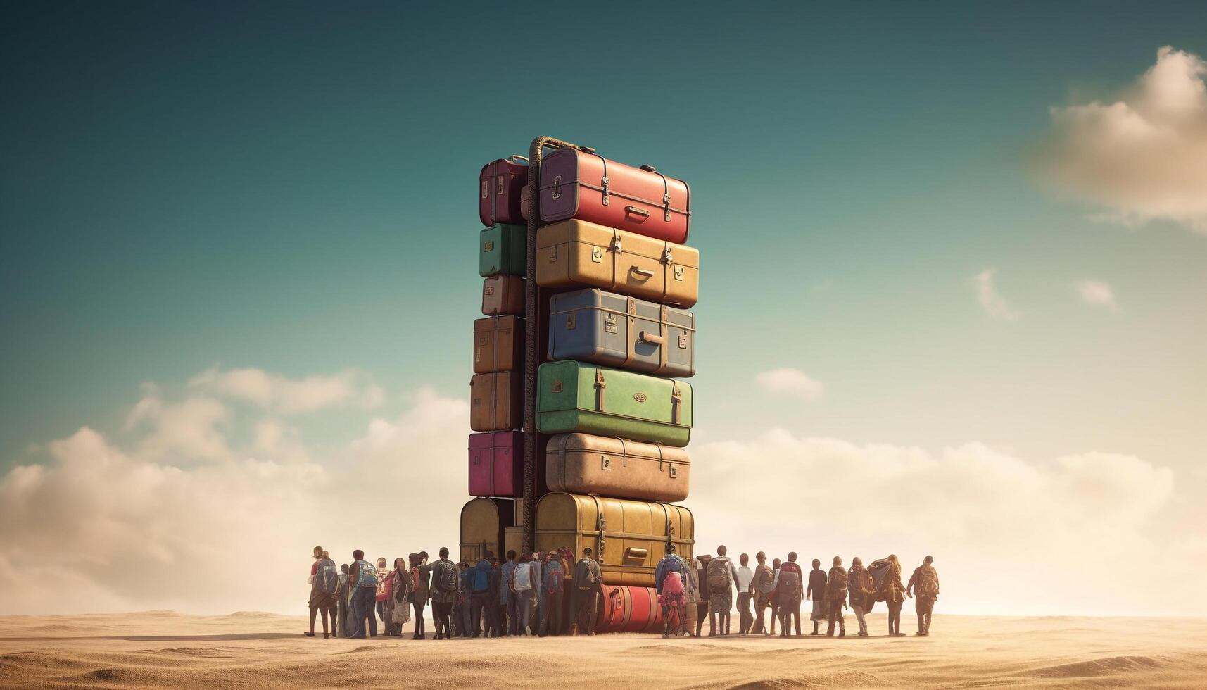 A group of men carrying heavy cargo containers outdoors at sunset generated by AI photo