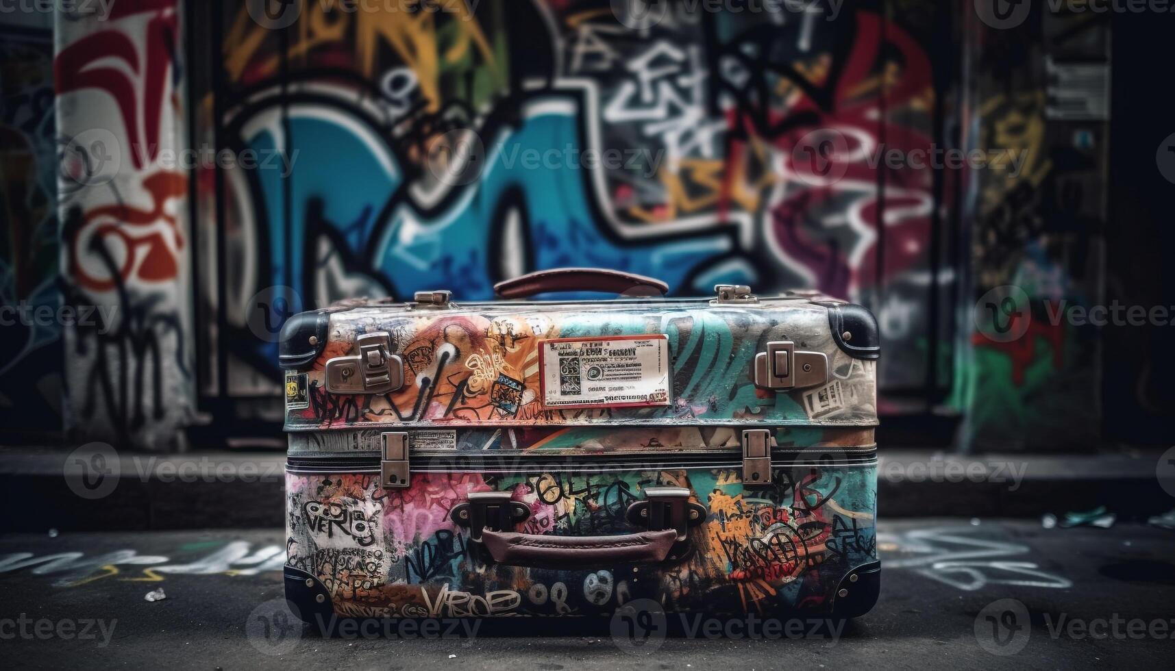 Abandoned suitcase on rusty old car in graffiti filled city street generated by AI photo