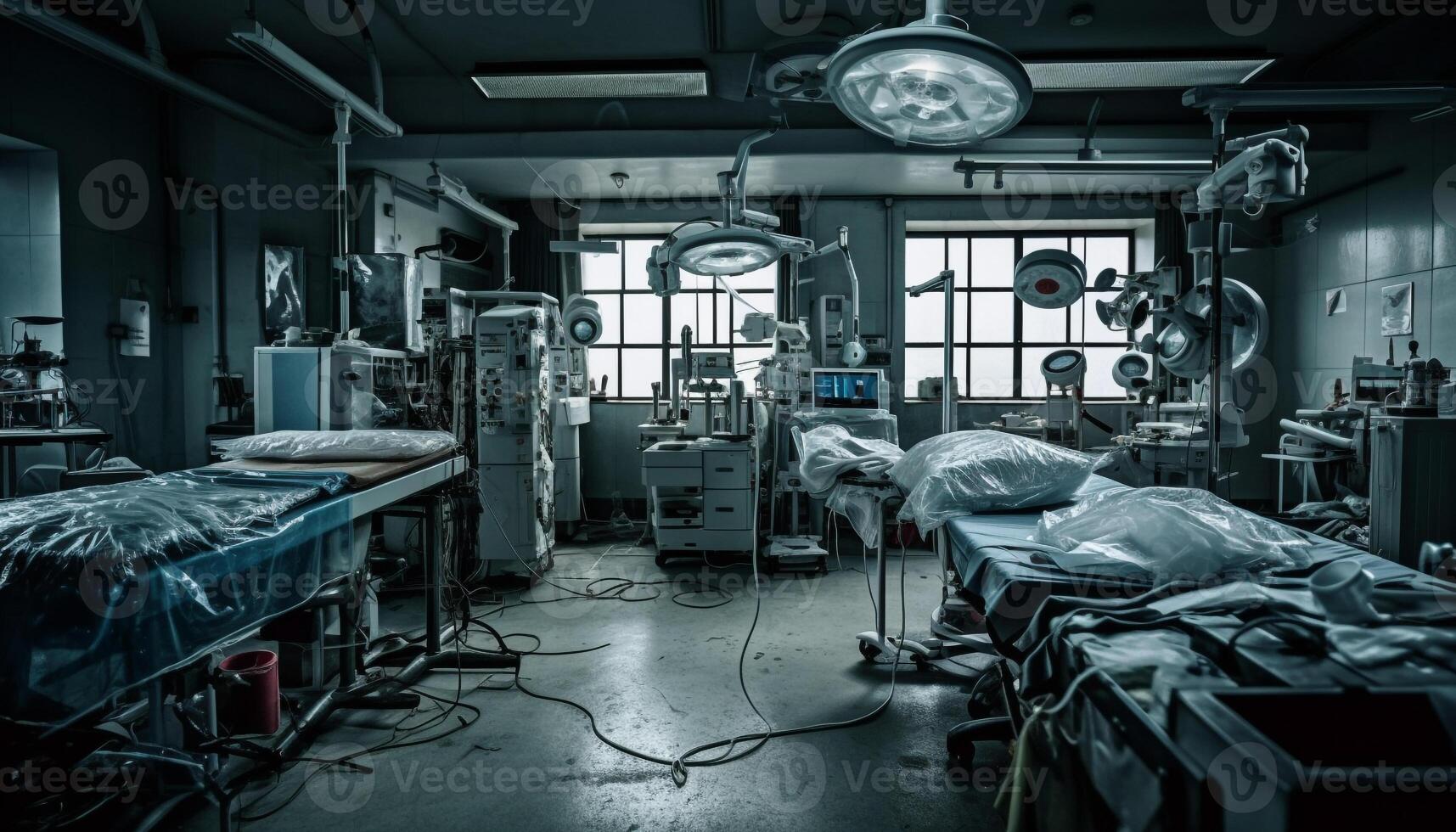 Inside the hospital ward, the surgeon works with modern machinery generated by AI photo