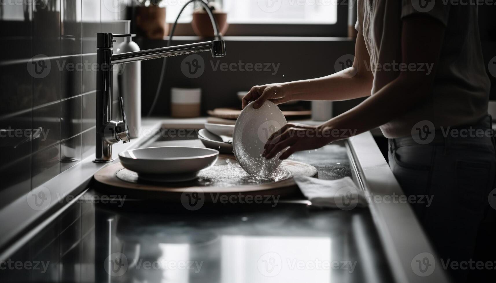 uno mujer sonriente, preparando sano comida en Doméstico cocina generado por ai foto