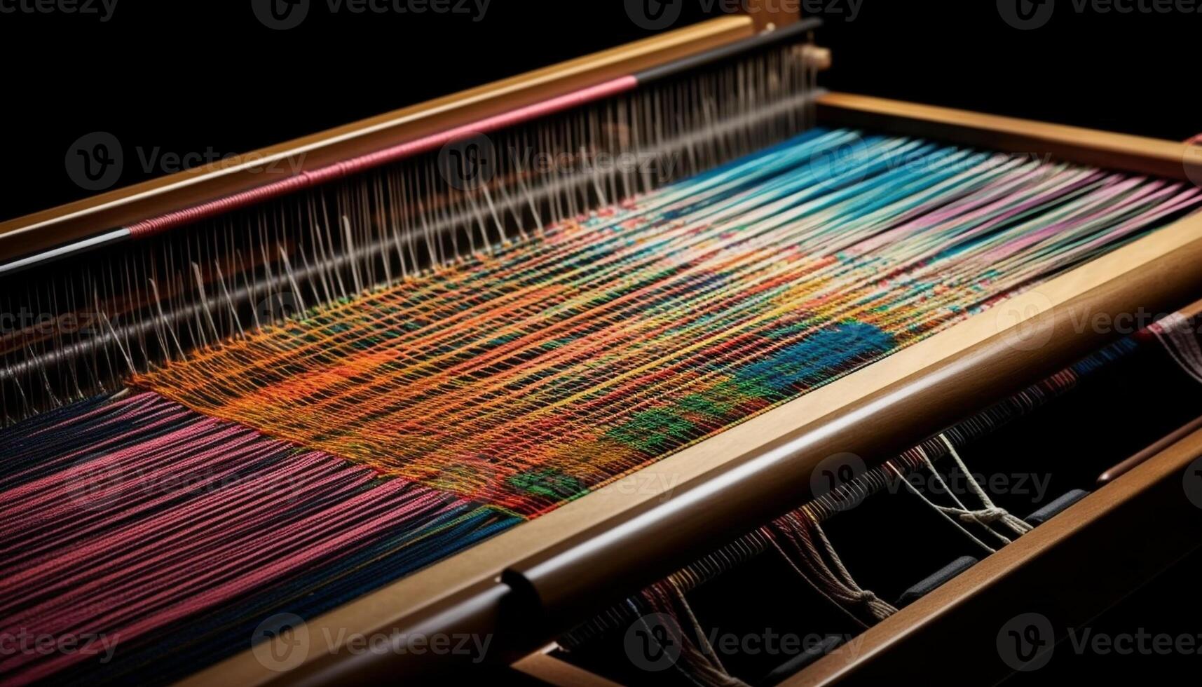 Woven textile pattern on loom, multi colored, close up fashion design generated by AI photo