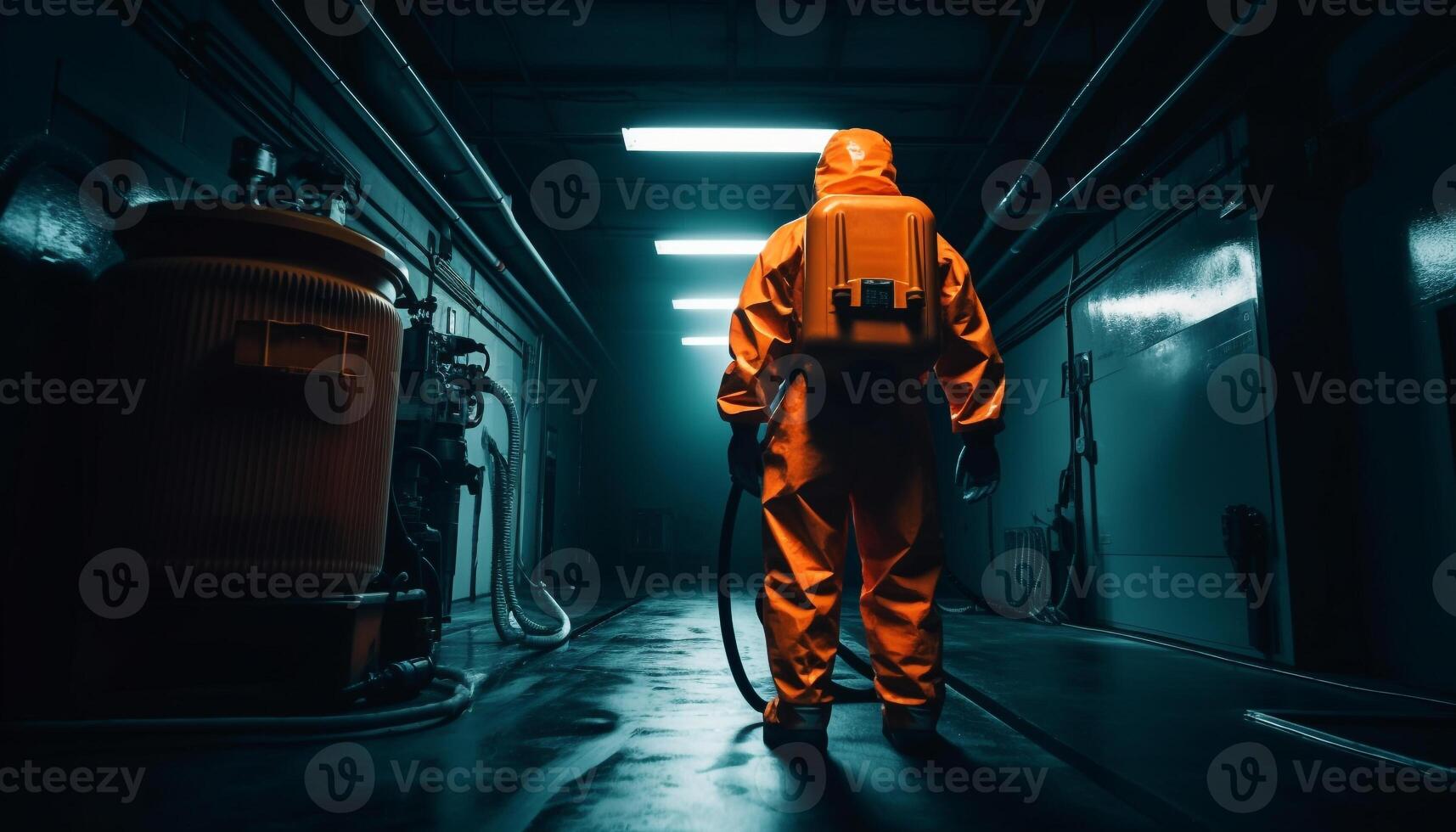 One man in protective workwear standing in dark factory generated by AI photo