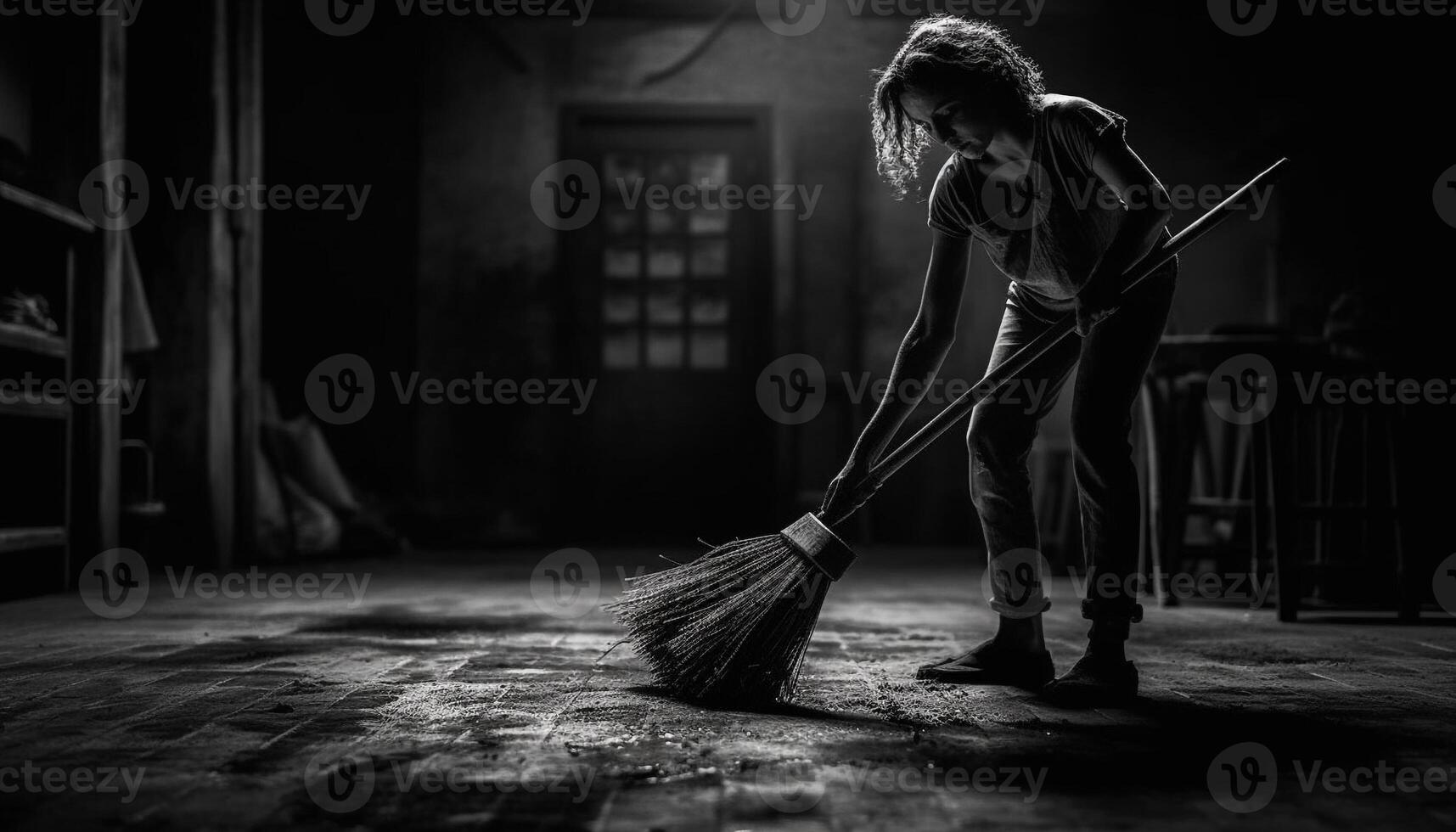 A spooky witch sweeping the dusty floor with an old broom generated by AI photo