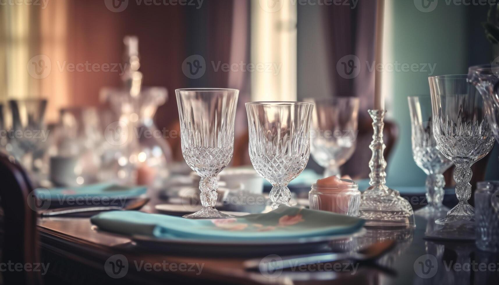 lujo comida mesa conjunto con cristal cristalería y cubiertos colección generado por ai foto