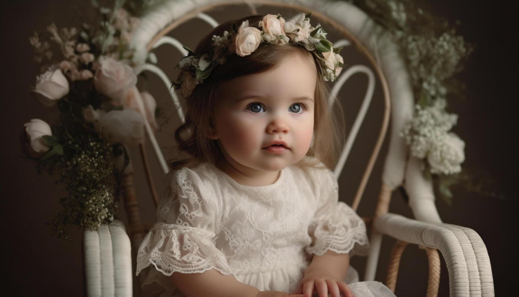 Cute baby girl sitting outdoors, smiling at camera with joy generated by AI photo