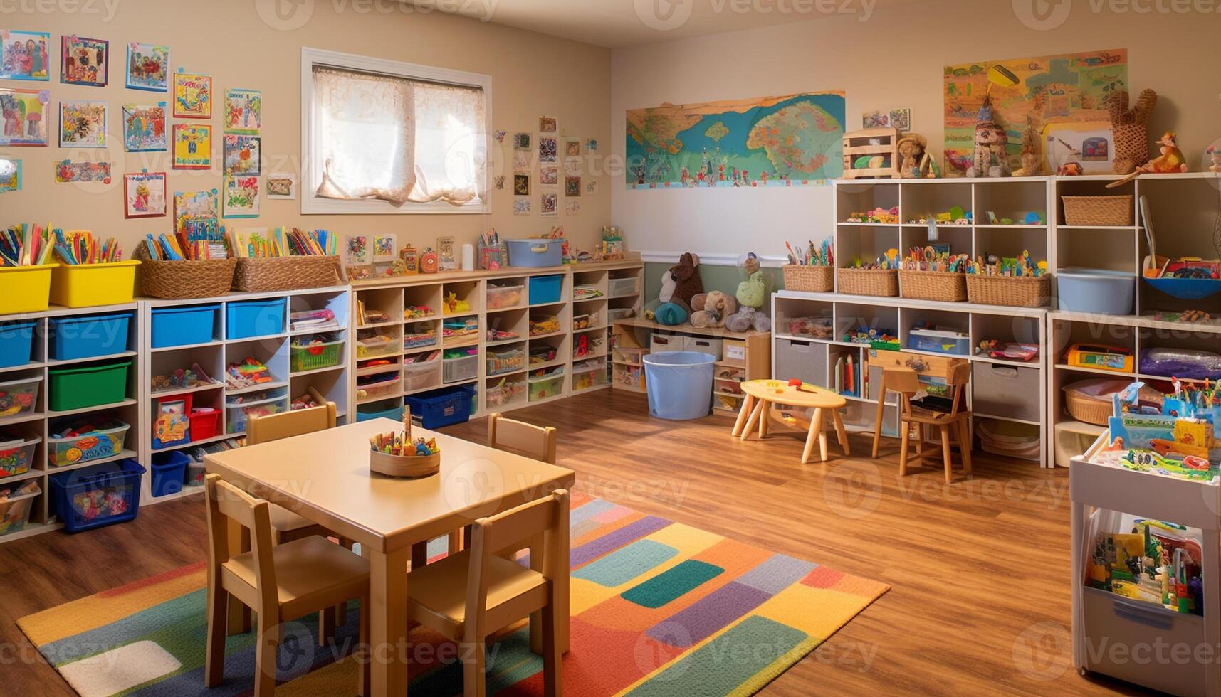 Colorful playroom with wooden toys sparks childhood creativity and learning generated by AI photo