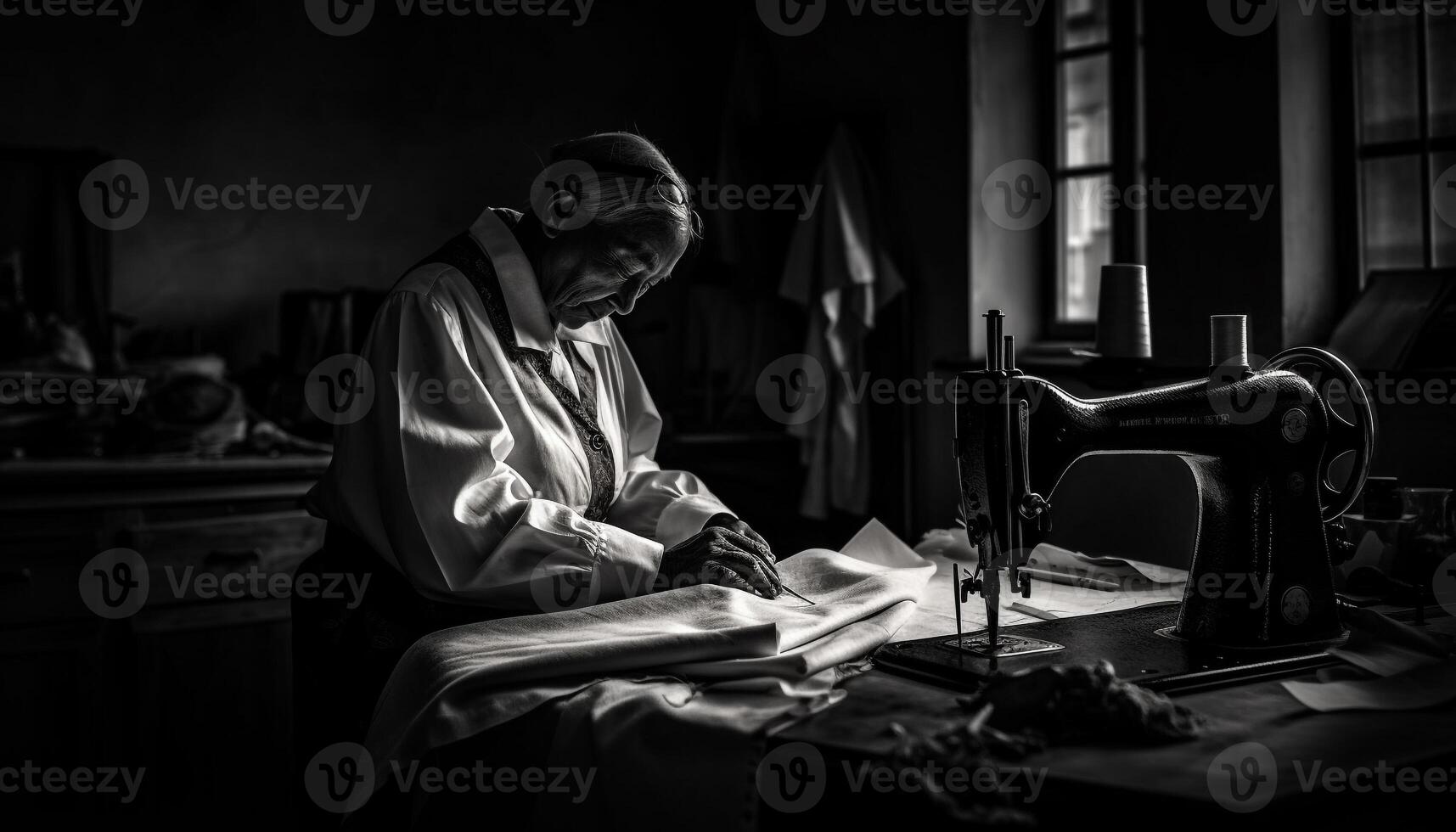 uno experto Sastre concentrando en de coser con negro equipo adentro generado por ai foto