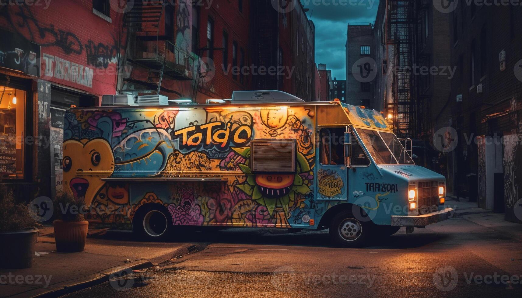 Vibrant city life illuminated by multi colored lights and graffiti celebration generated by AI photo