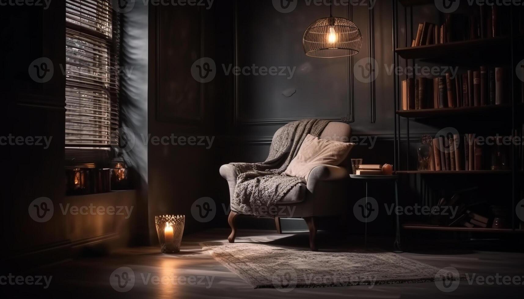 Modern luxury living room with comfortable sofa and bookshelf decor generated by AI photo