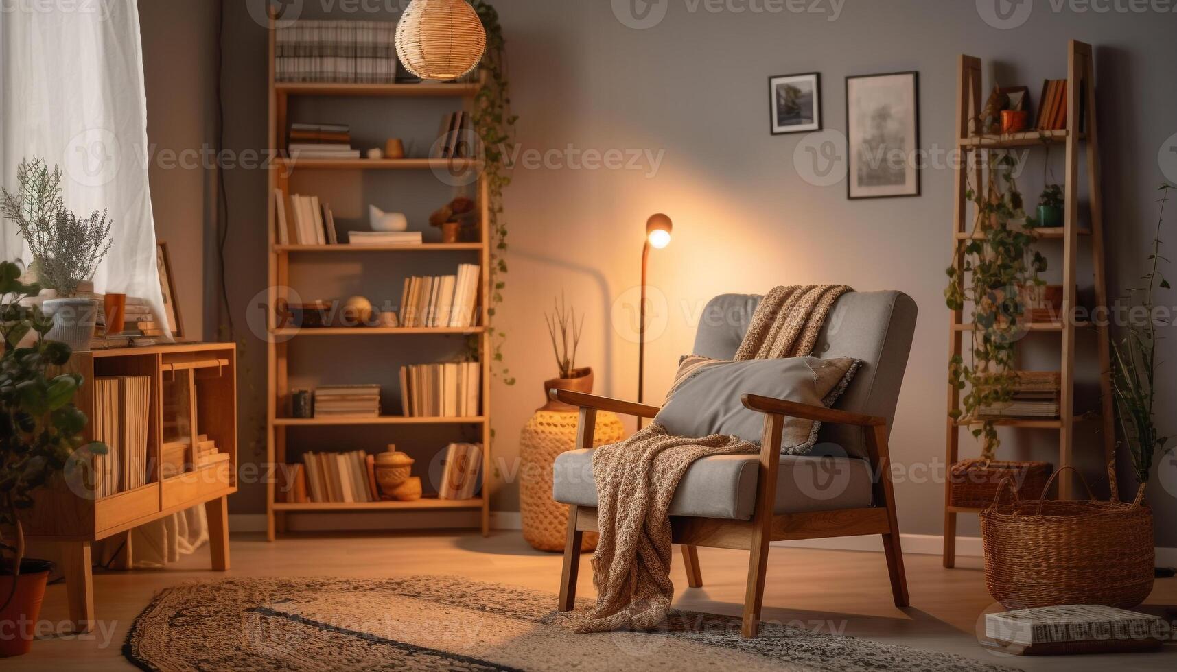 Cozy loft apartment with modern design, comfortable armchair, and bookshelf generated by AI photo