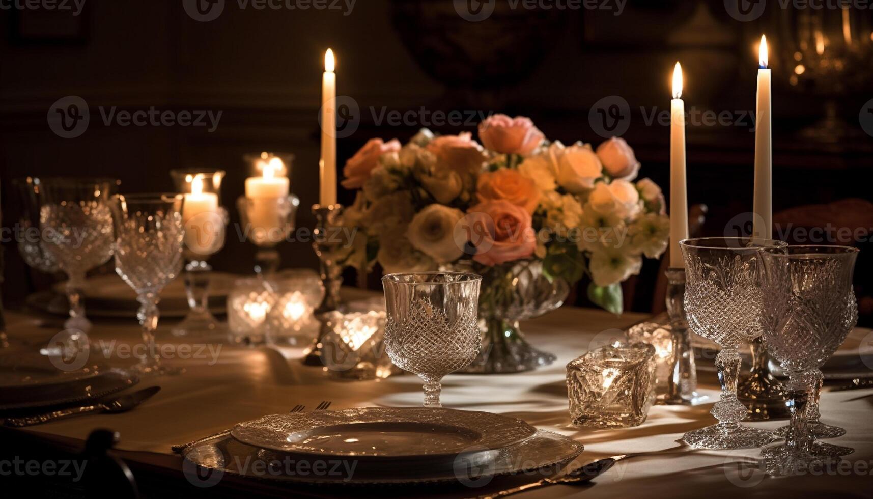 elegante Boda celebracion con florido mesa decoración y luz de una vela ambiente generado por ai foto