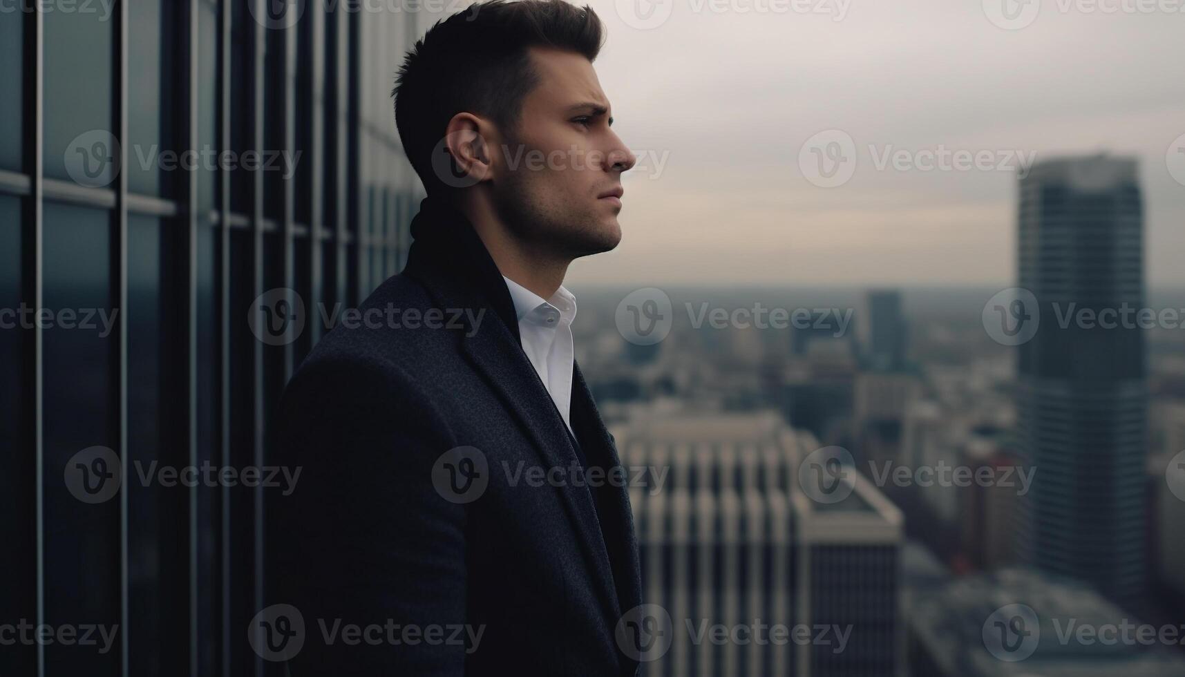 Successful businessman standing in front of modern city skyscrapers generated by AI photo