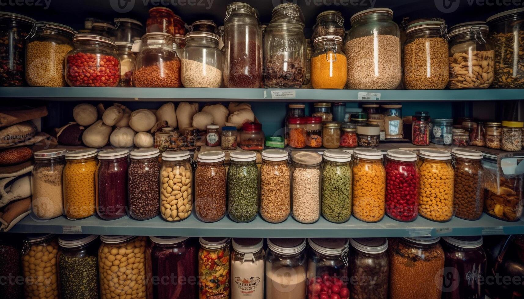 A healthy collection of multi colored spices in glass jars generated by AI photo