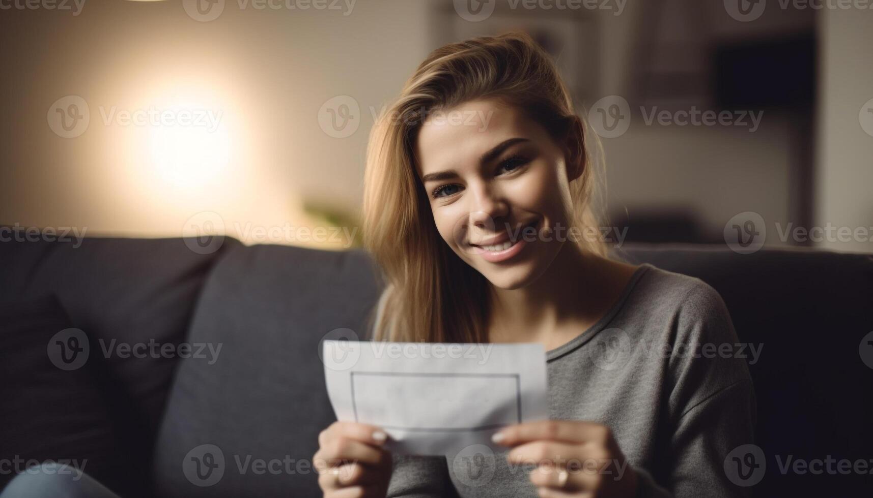 One young woman, sitting on sofa, smiling while reading book generated by AI photo