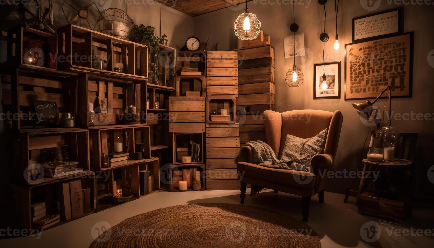 Rustic bookshelf illuminates old fashioned armchair in comfortable living room generated by AI photo