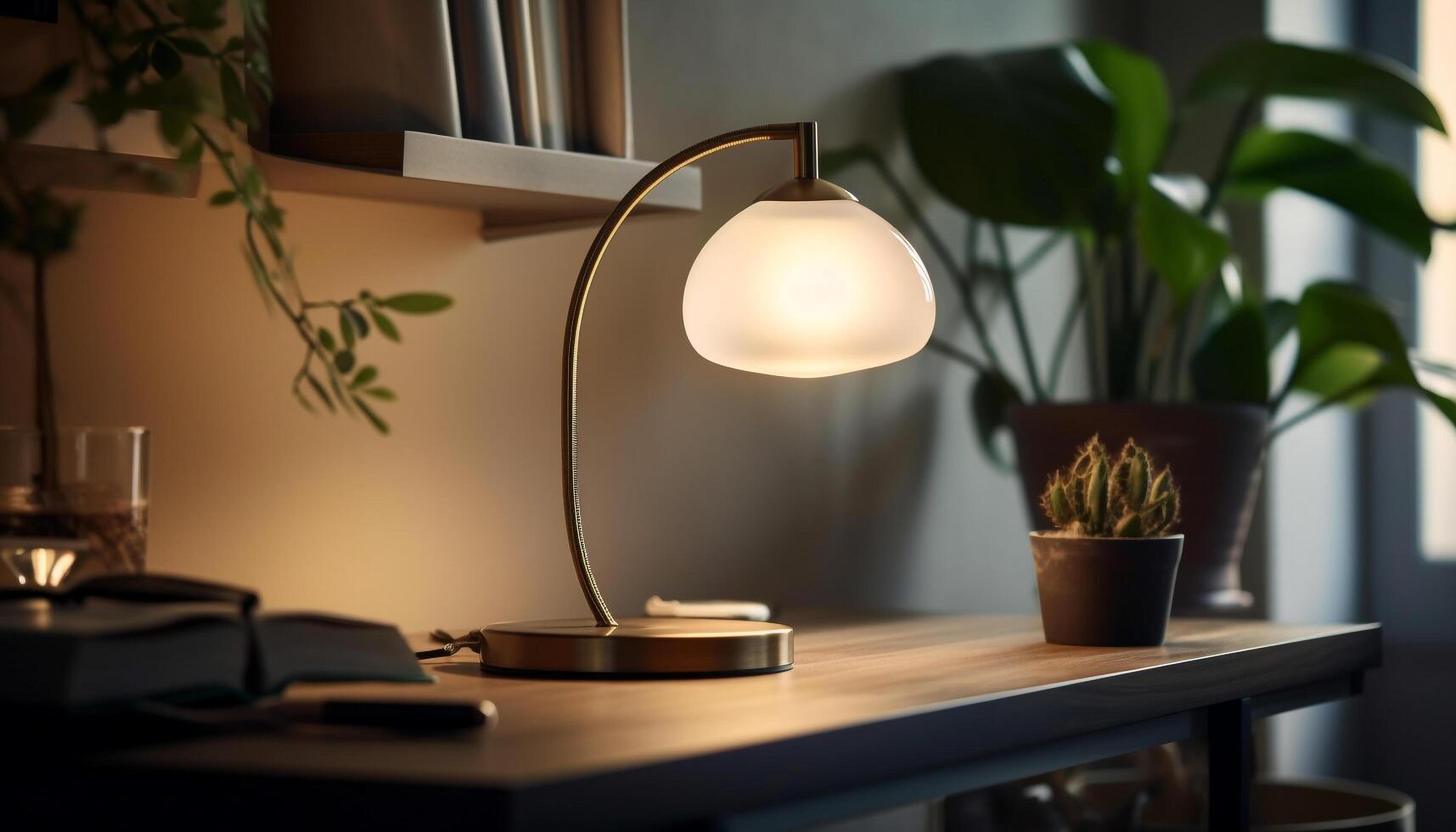 A modern desk lamp illuminates a comfortable, elegant home office generated by AI photo