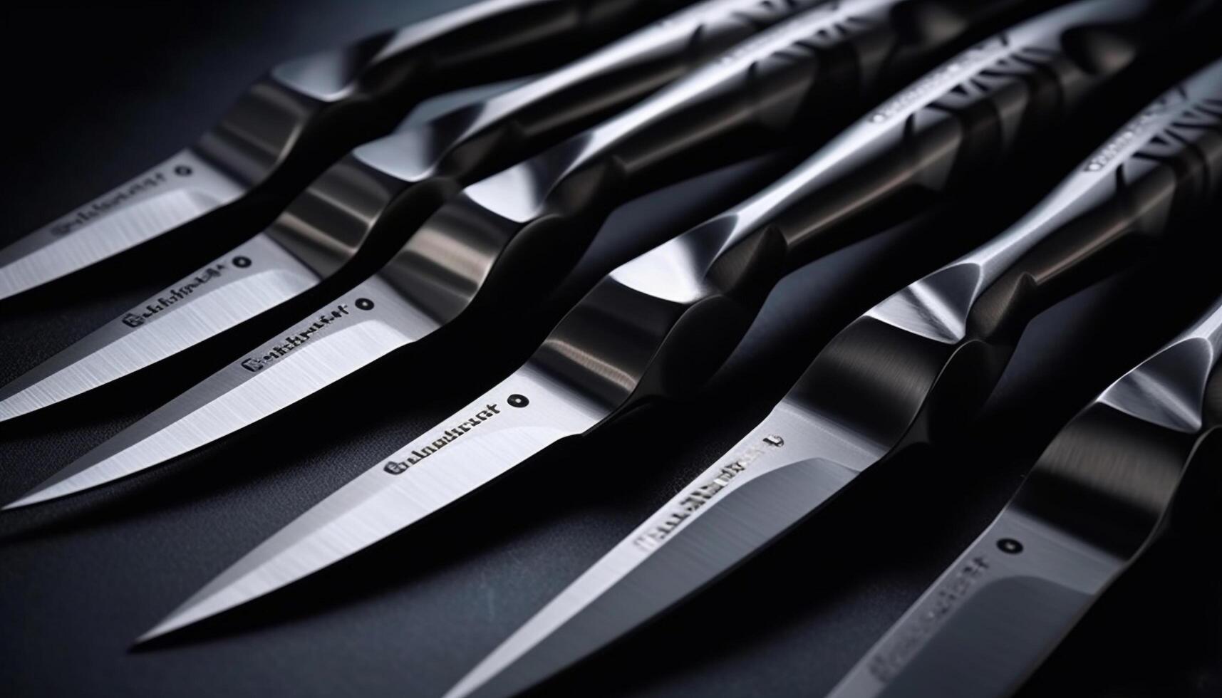 A row of sharp steel blades, metallic work tools collection generated by AI photo