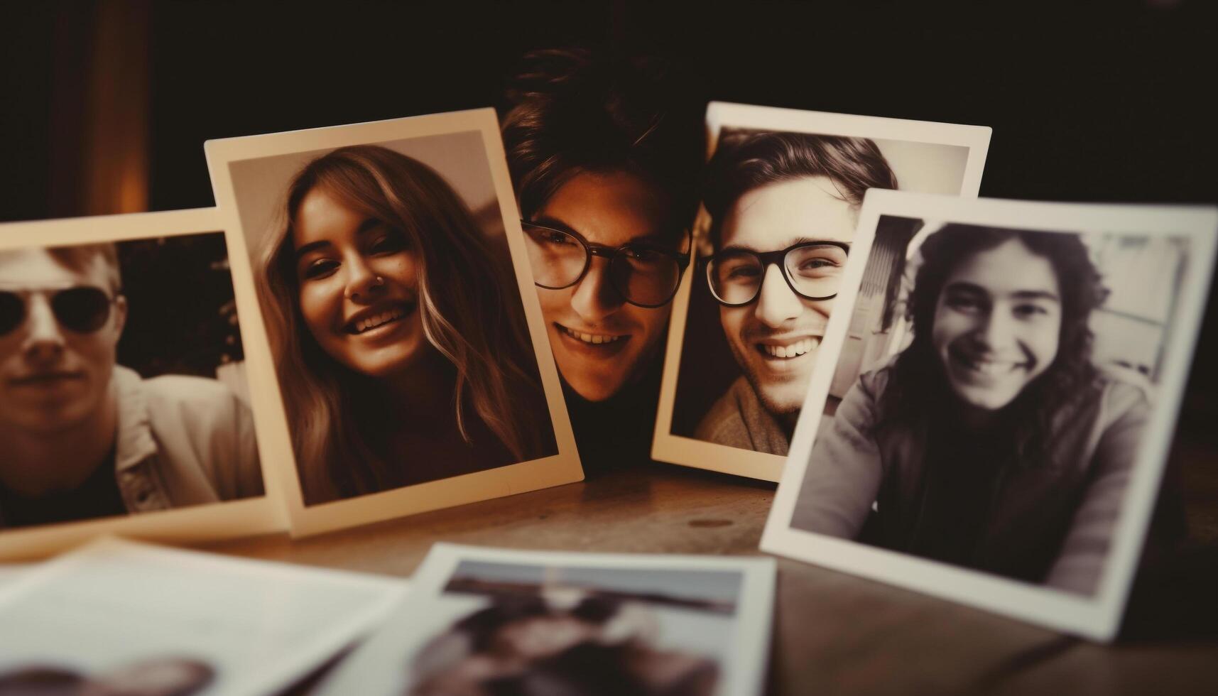 Smiling group holds memories in sepia toned instant print transfer frame generated by AI photo