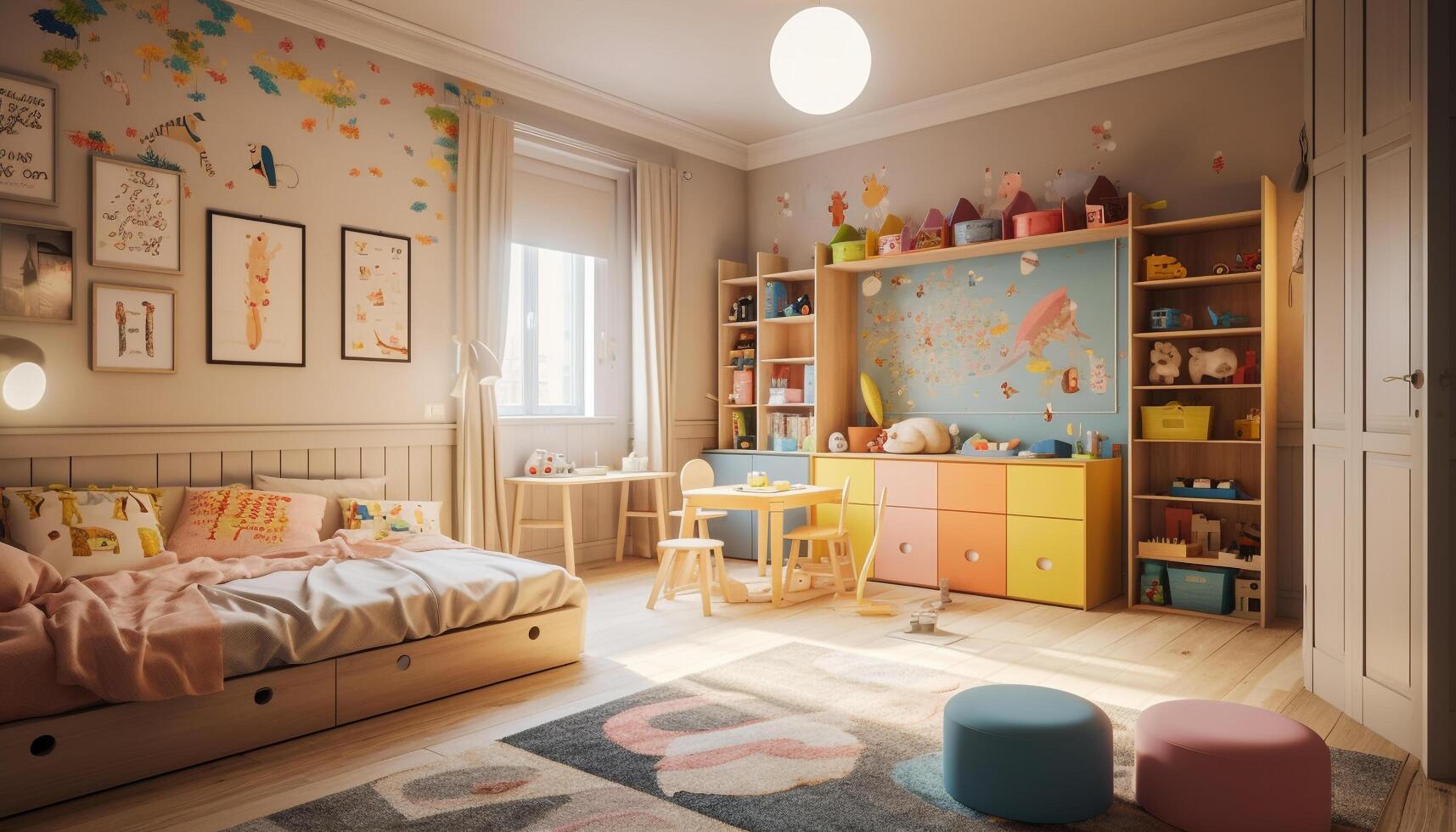 un moderno, cómodo dormitorio con madera piso y brillante decoración generado por ai foto