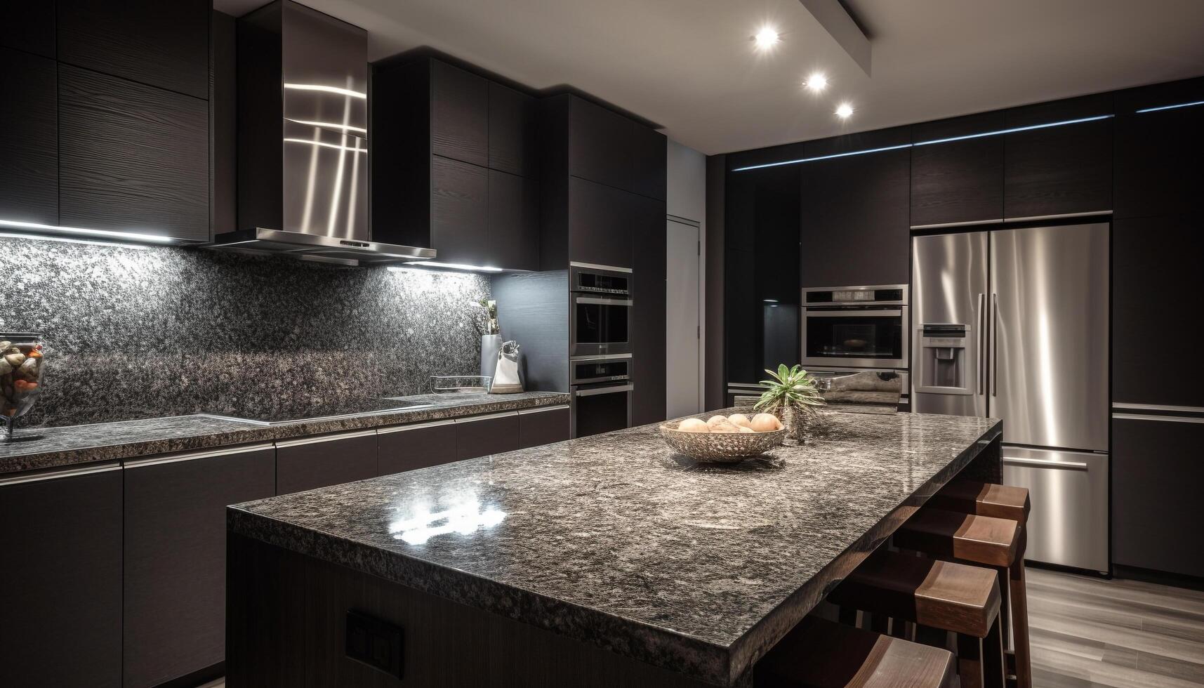 Modern luxury kitchen design with stainless steel appliances and granite countertops generated by AI photo