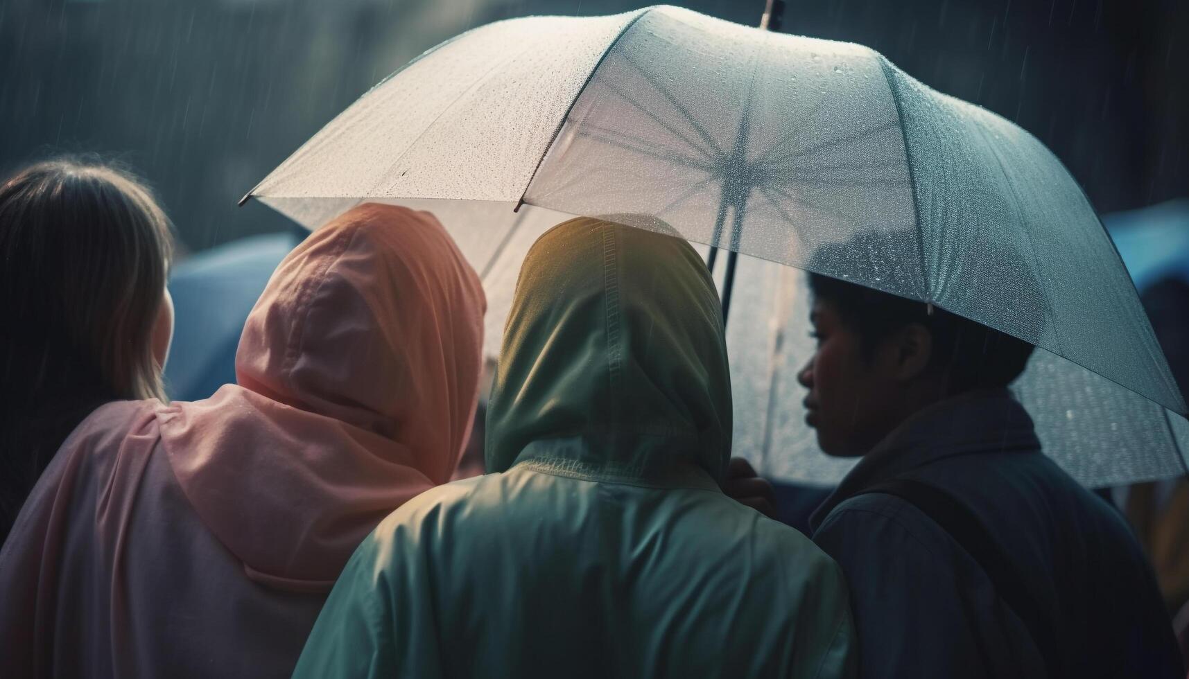 A group of young adults walking in the rain together generated by AI photo
