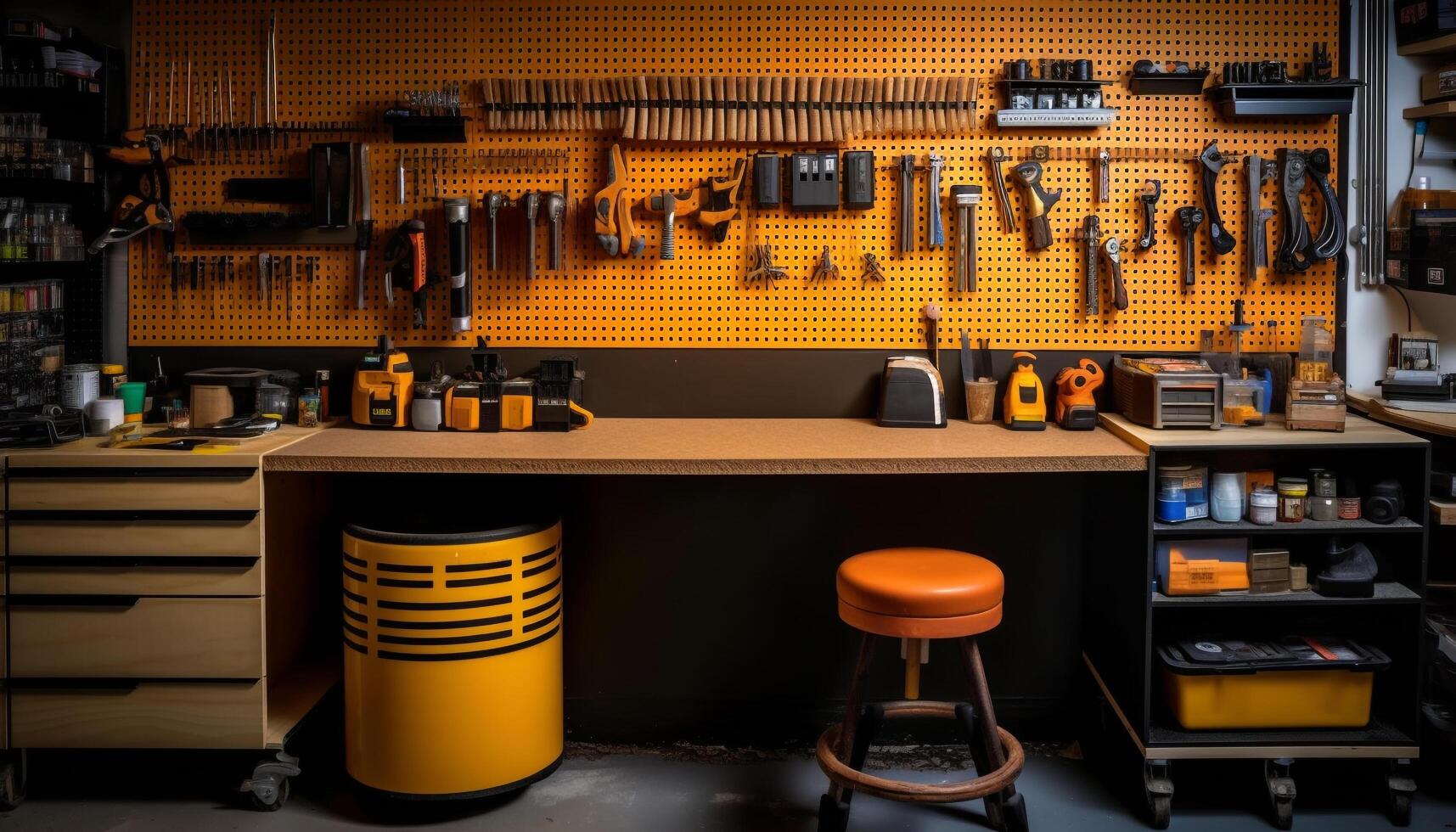 Inside the modern workshop, a collection of woodworking equipment and tools generated by AI photo