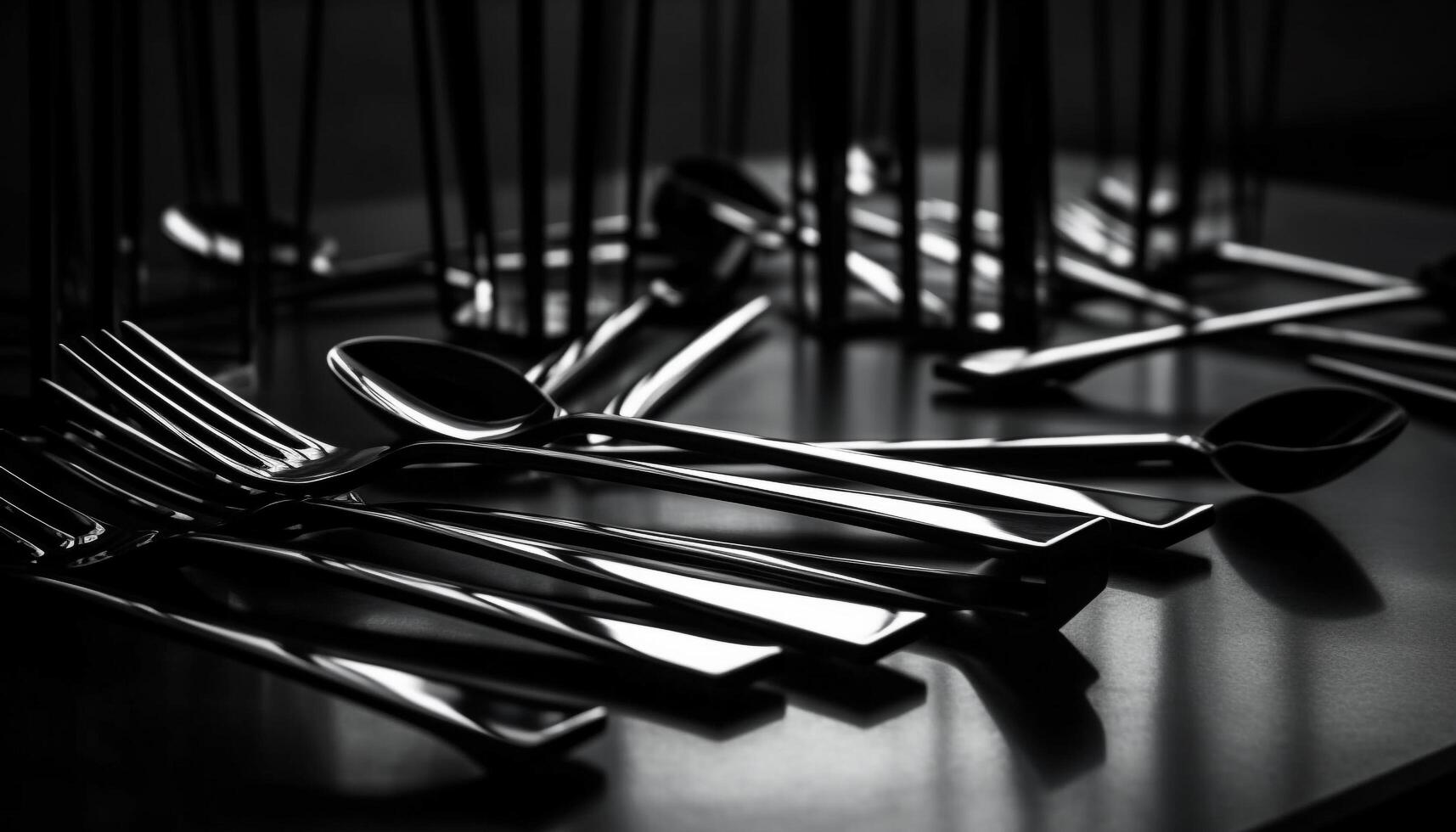 Shiny silverware in a row, empty kitchen, modern equipment generated by AI photo