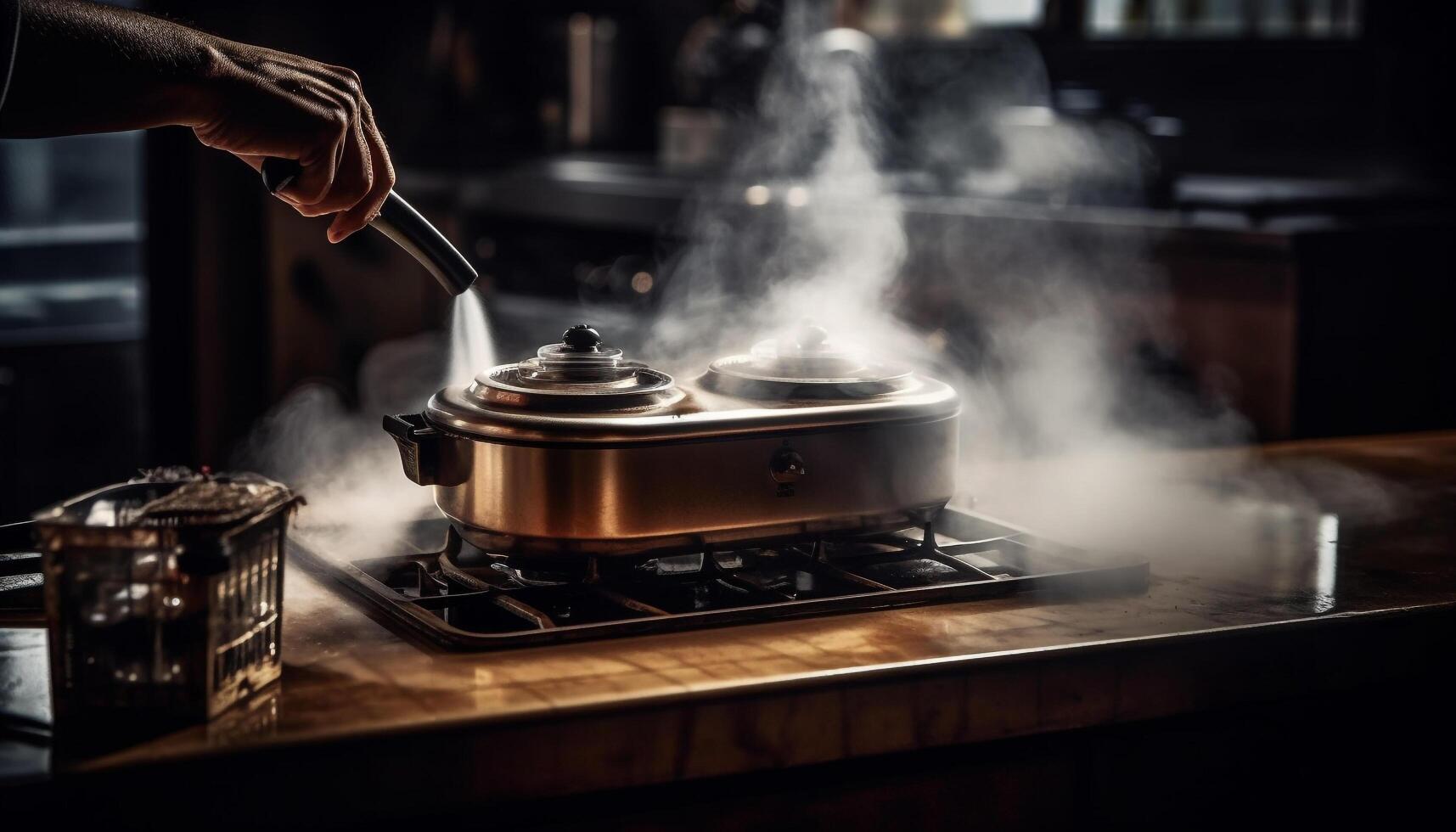 One man preparing gourmet meal on stove top with utensils generated by AI photo