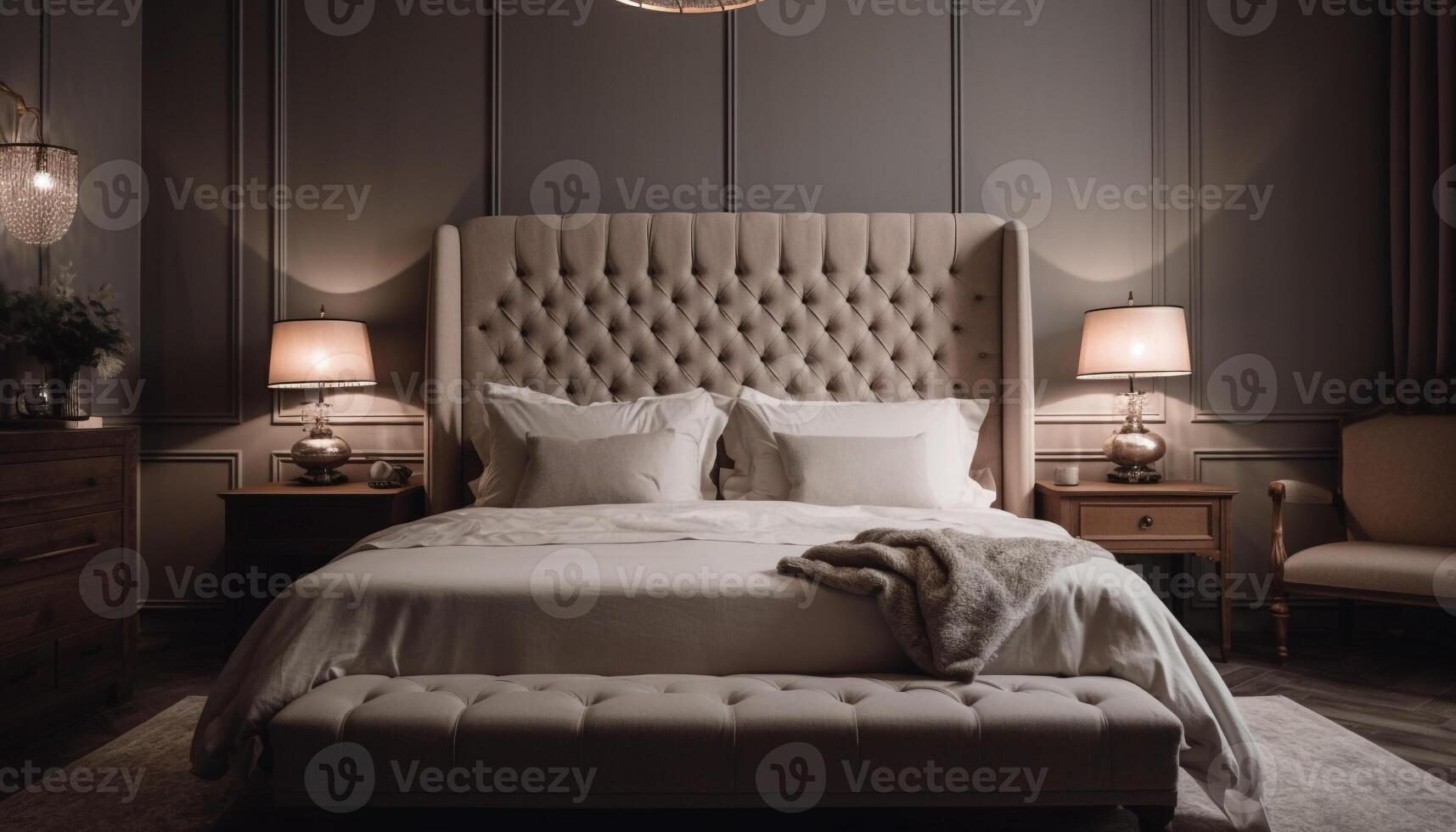 Modern luxury bedroom with elegant headboard, comfortable bedding, and lighting generated by AI photo