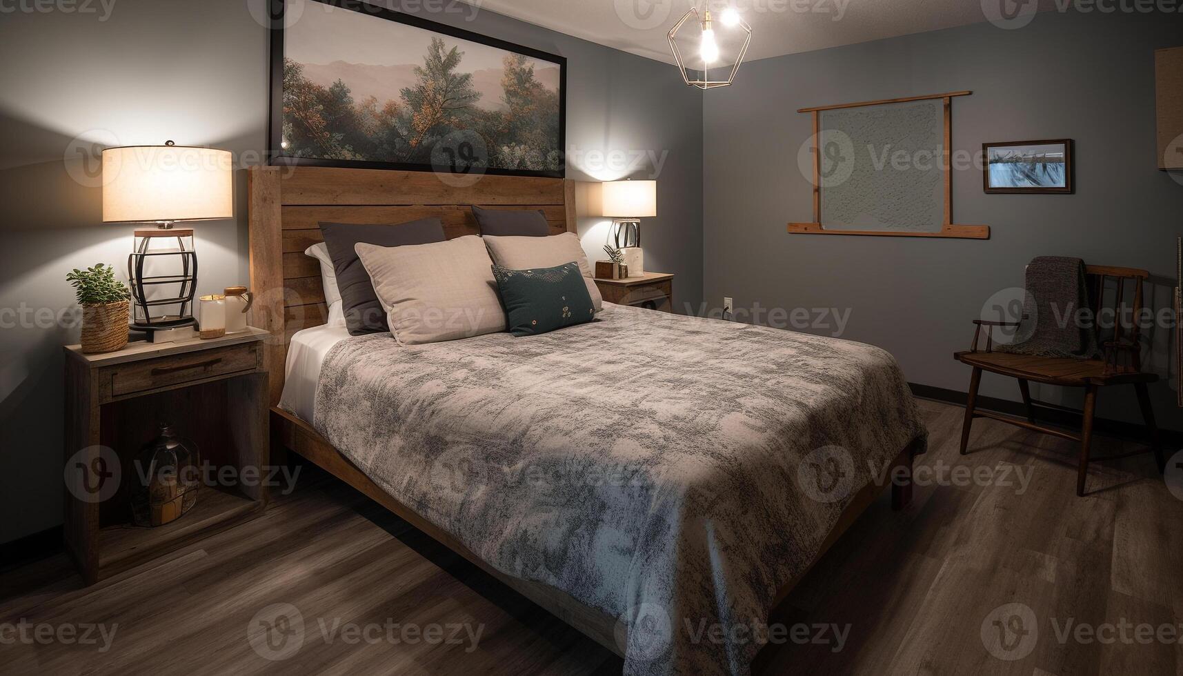 Modern luxury bedroom with comfortable bedding and elegant decor inside generated by AI photo