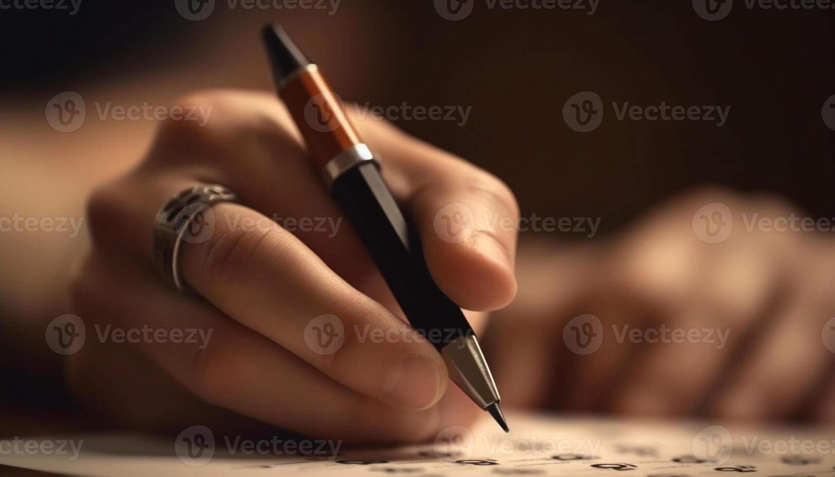 Businessman signs contract with fountain pen, focusing on foreground generated by AI photo