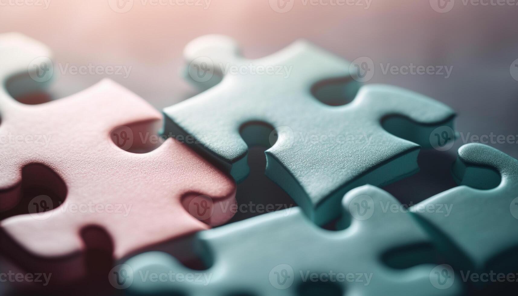 Success in teamwork connecting ideas, solving puzzles with jigsaw pieces generated by AI photo