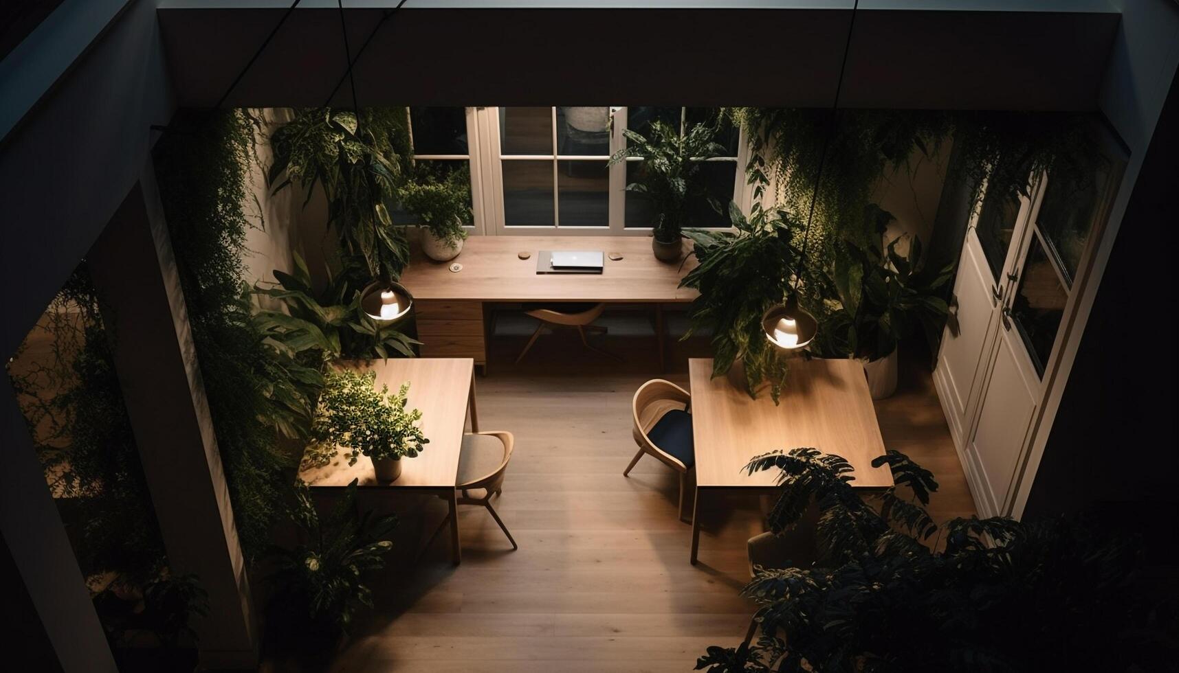 A modern office with comfortable chairs and elegant lighting equipment generated by AI photo