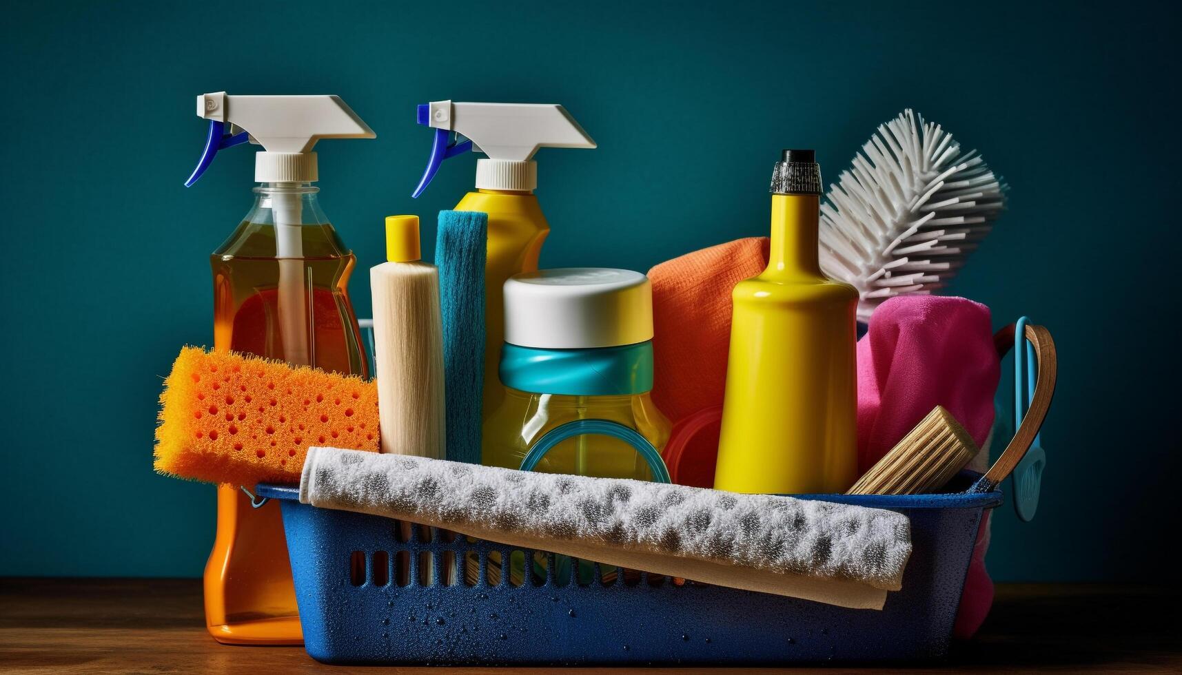 Hygienic blue bathroom cleanup with antiseptic spray and yellow shampoo generated by AI photo