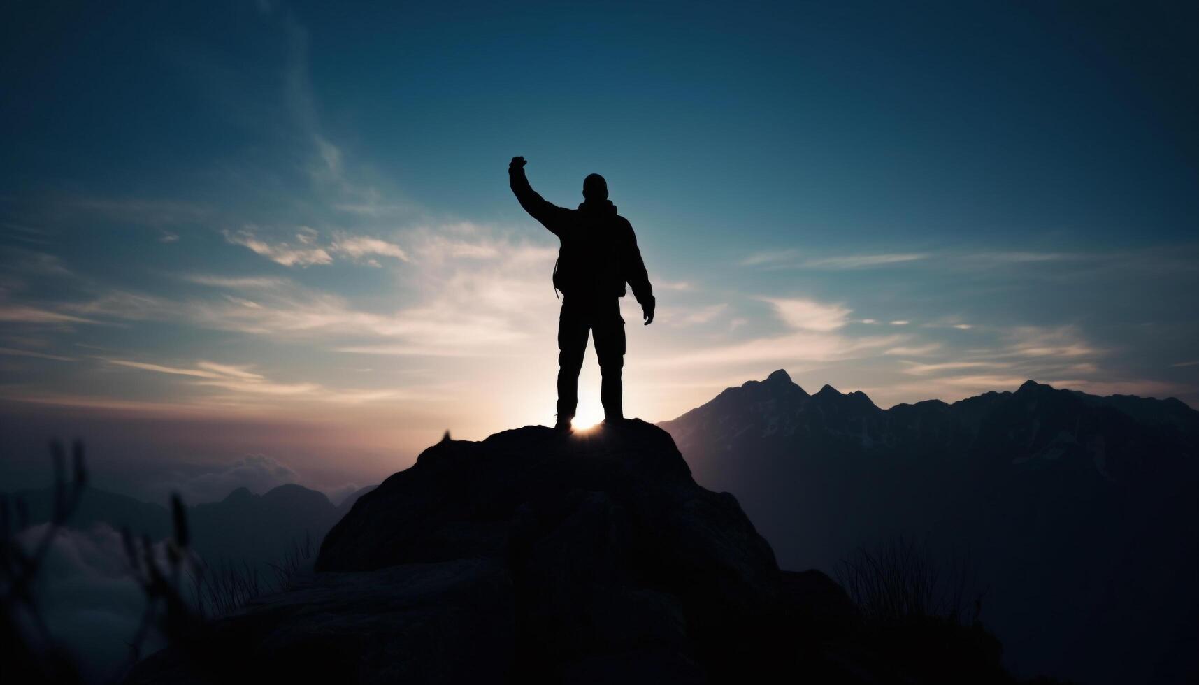 Standing on mountain peak, arms raised in success and freedom generated by AI photo