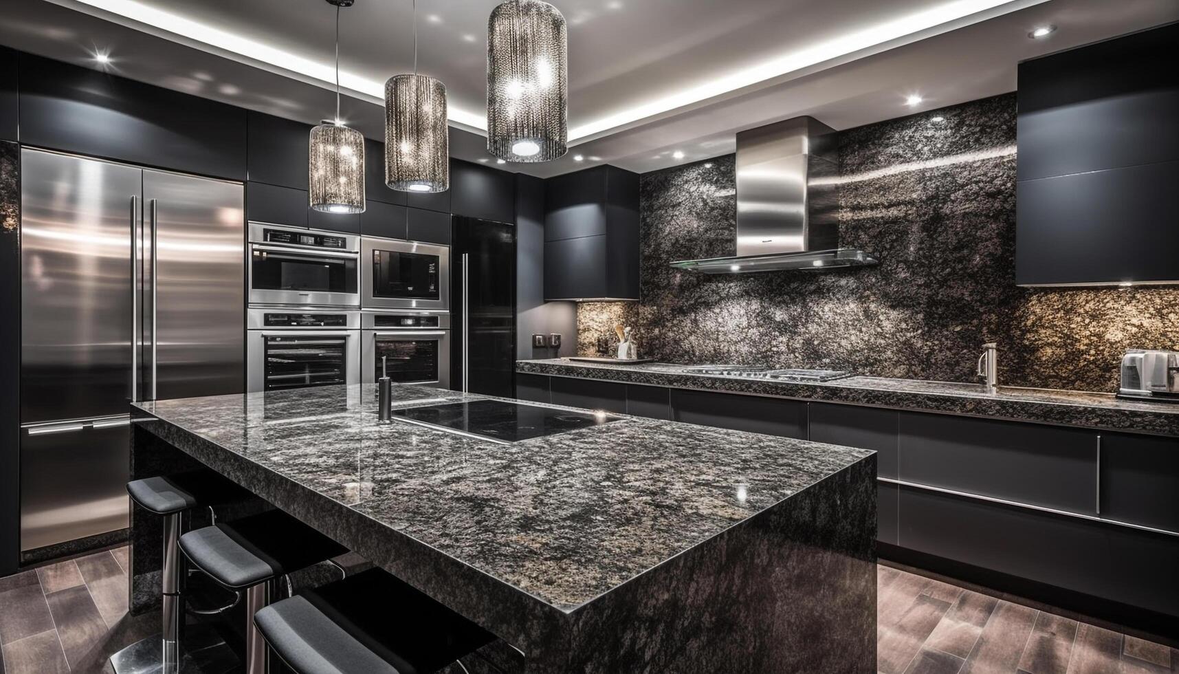 Modern luxury kitchen with stainless steel appliances, granite countertops, and marble flooring generated by AI photo